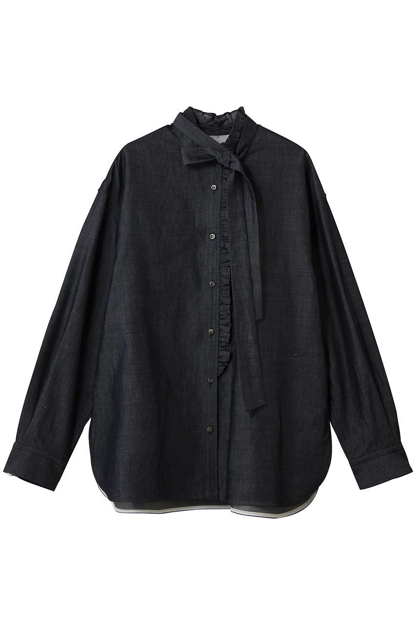 【デパリエ/DEPAREILLE】のライトデニムボウシャツ インテリア・キッズ・メンズ・レディースファッション・服の通販 founy(ファニー) 　ファッション　Fashion　レディースファッション　Fashion for Women　トップス・カットソー　Cut & Sew Tops　シャツ・ブラウス・オフィスカジュアル　Elegant Blouses & Button-Ups　スリーブ　Sleeve, Long Sleeve / Short Sleeve　フェミニン　Feminine, Girly　フリル　Frill, Ruffle　リネン　Linen, Linen Fabric　ロング　Long, Long-Length　ネイビー|ID: prp329100004873288 ipo3291000000036894856