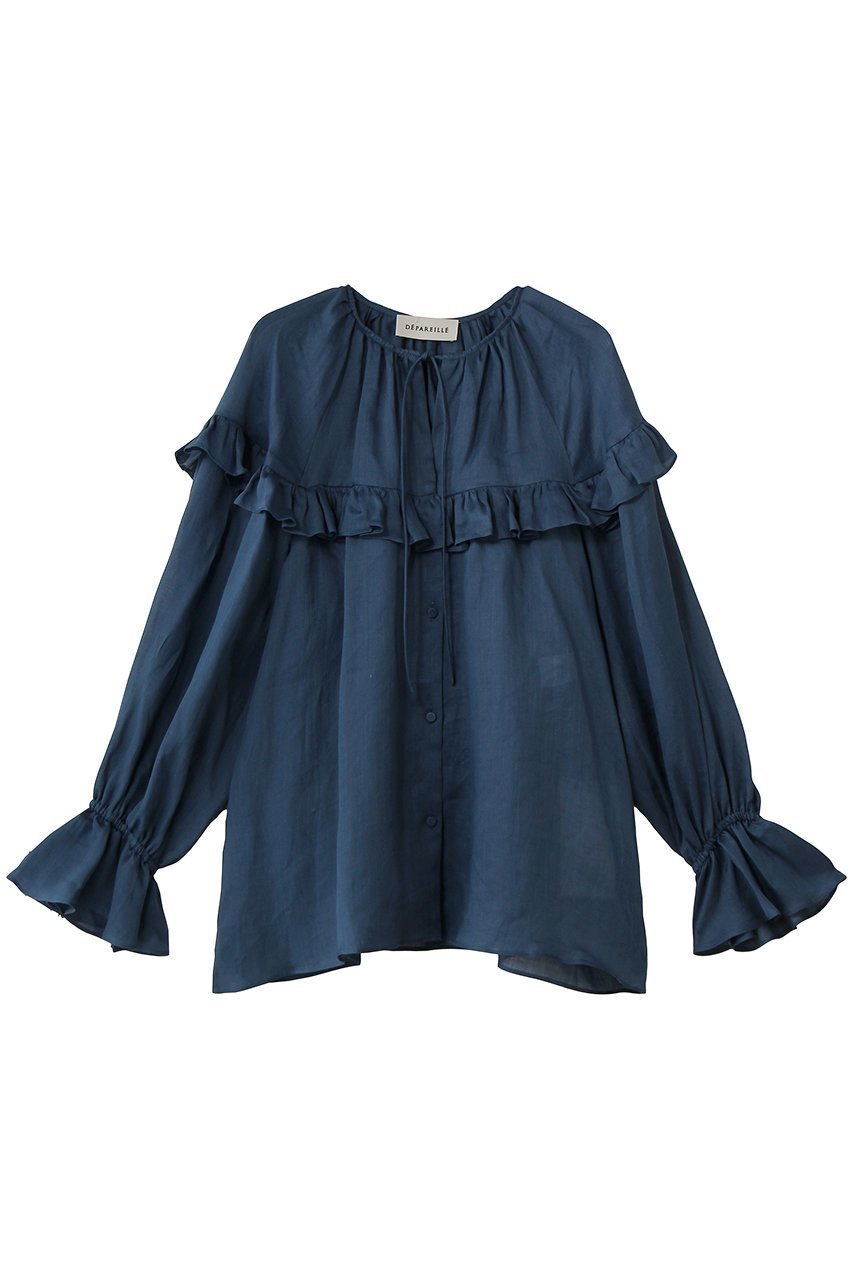 【デパリエ/DEPAREILLE】のラミーツイルラッフルブラウス インテリア・キッズ・メンズ・レディースファッション・服の通販 founy(ファニー) ファッション Fashion レディースファッション Fashion for Women トップス・カットソー Cut & Sew Tops シャツ・ブラウス・オフィスカジュアル Elegant Blouses & Button-Ups スリット Slit, Slit Detail スリーブ Sleeve, Long Sleeve / Short Sleeve フリル Frill, Ruffle リボン Ribbon, Bow ロング Long, Long-Length 新作・新入荷 New Arrivals / New In ネイビー|ID: prp329100004873576 ipo3291000000036350932