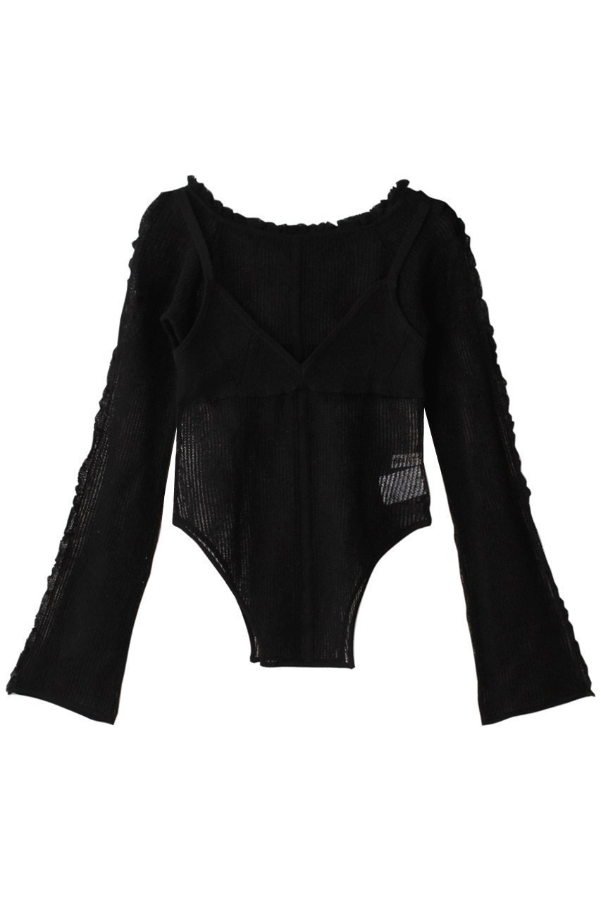 【プランク プロジェクト/PRANK PROJECT】のレイヤードフリルニットトップス / Layered Frill Knit Top インテリア・キッズ・メンズ・レディースファッション・服の通販 founy(ファニー) 　ファッション　Fashion　レディースファッション　Fashion for Women　トップス・カットソー　Cut & Sew Tops　ニット　Knit Tops & Sweaters　キャミソール&ノースリーブ　Camisoles & Sleeveless Tops　シャツ・ブラウス・オフィスカジュアル　Elegant Blouses & Button-Ups　ロングTシャツ・Tシャツ　Longline T-Shirts & Tees　カットソー・ベーシックTシャツ　Cut-and-Sewn Tops / Stretch Tees & Basics　キャミソール　Camisole, Spaghetti Strap Top　スーツ　Suit, Formalwear　タンク　Tank Top, Sleeveless Top　デコルテ　Décolleté, Neckline　ドッキング　Docking, Mixed Material　フリル　Frill, Ruffle　ボトム　Bottoms, Lower Wear　リネン　Linen, Linen Fabric　BLK(ブラック)|ID: prp329100004874567 ipo3291000000036358795