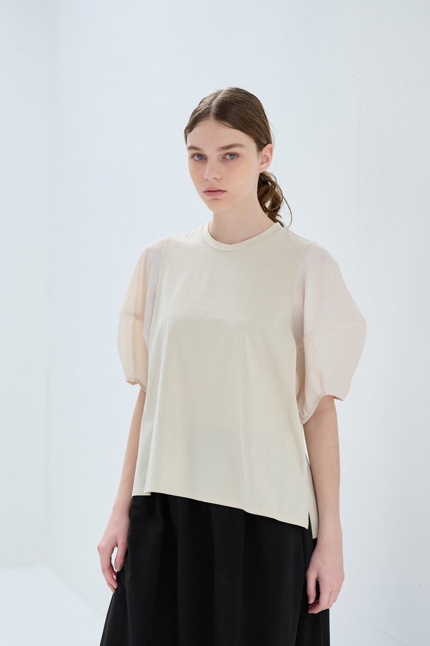 【ランバン オン ブルー/LANVIN en Bleu】の袖布帛コンビカットソー 人気、トレンドファッション・服の通販 founy(ファニー) 　ファッション　Fashion　レディースファッション　Fashion for Women　トップス・カットソー　Cut & Sew Tops　シャツ・ブラウス・オフィスカジュアル　Elegant Blouses & Button-Ups　ロングTシャツ・Tシャツ　Longline T-Shirts & Tees　カットソー・ベーシックTシャツ　Cut-and-Sewn Tops / Stretch Tees & Basics　カットソー　Cut and Sewn Top　コンビ　Combo, Combination Style　ショート　Short, Short Length　スリーブ　Sleeve, Long Sleeve / Short Sleeve　タフタ　Taffeta, Structured Fabric　ヴィンテージ　Vintage Style　エレガント 上品　Elegant　 other-1|ID: prp329100004874639 ipo3291000000036359332