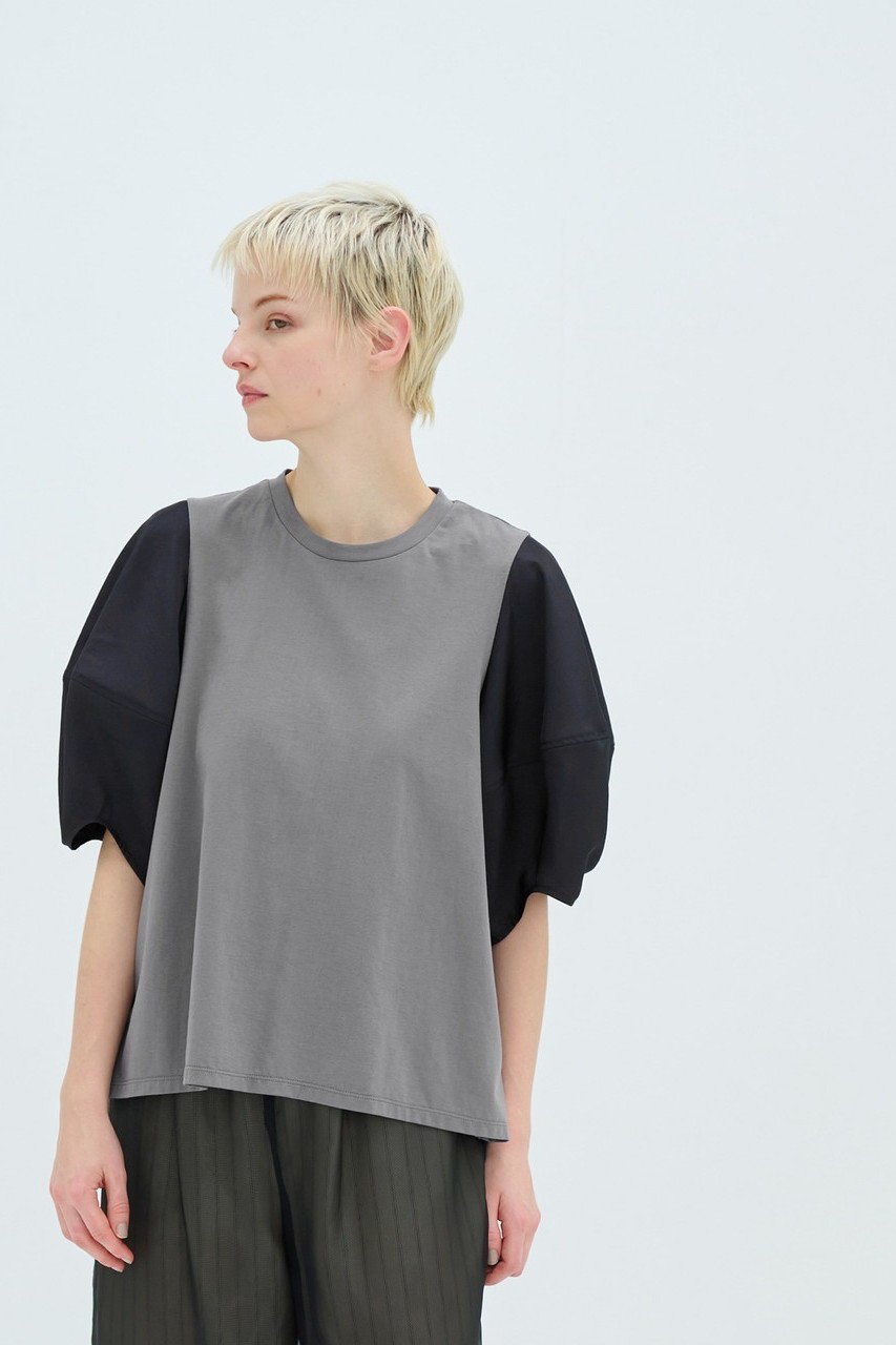 【ランバン オン ブルー/LANVIN en Bleu】の袖布帛コンビカットソー インテリア・キッズ・メンズ・レディースファッション・服の通販 founy(ファニー) 　ファッション　Fashion　レディースファッション　Fashion for Women　トップス・カットソー　Cut & Sew Tops　シャツ・ブラウス・オフィスカジュアル　Elegant Blouses & Button-Ups　ロングTシャツ・Tシャツ　Longline T-Shirts & Tees　カットソー・ベーシックTシャツ　Cut-and-Sewn Tops / Stretch Tees & Basics　カットソー　Cut and Sewn Top　コンビ　Combo, Combination Style　ショート　Short, Short Length　スリーブ　Sleeve, Long Sleeve / Short Sleeve　タフタ　Taffeta, Structured Fabric　ヴィンテージ　Vintage Style　エレガント 上品　Elegant　グレー|ID: prp329100004874639 ipo3291000000036359335