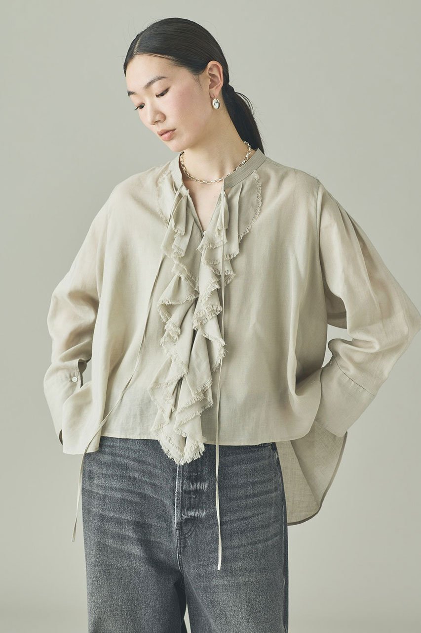 【カレンソロジー/Curensology】のWSBLラミーフリルブラウス インテリア・キッズ・メンズ・レディースファッション・服の通販 founy(ファニー) 　ファッション　Fashion　レディースファッション　Fashion for Women　トップス・カットソー　Cut & Sew Tops　シャツ・ブラウス・オフィスカジュアル　Elegant Blouses & Button-Ups　おすすめ　Recommended / Our Picks　インナー　Innerwear　ウォッシャブル　Machine Washable　カットソー　Cut and Sewn Top　ジャケット　Jacket, Outerwear　スリーブ　Sleeve, Long Sleeve / Short Sleeve　バランス　Balance, Style Balance　フリル　Frill, Ruffle　フロント　Front, Front Design　ロング　Long, Long-Length　新作・新入荷　New Arrivals / New In　グレー|ID: prp329100004875443 ipo3291000000036365059