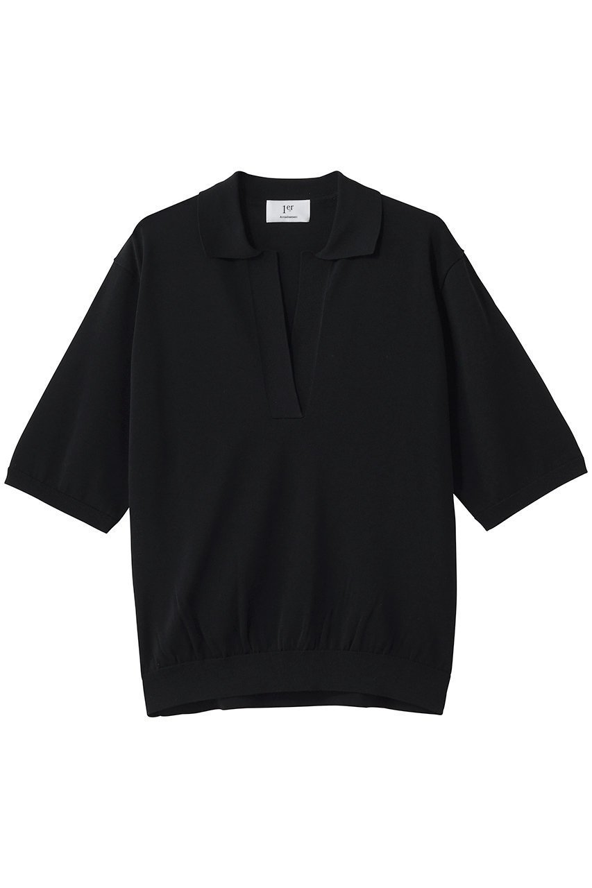 【プルミエ アロンディスモン/1er Arrondissement】のスキッパーショートスリーブニット インテリア・キッズ・メンズ・レディースファッション・服の通販 founy(ファニー) 　ファッション　Fashion　レディースファッション　Fashion for Women　トップス・カットソー　Cut & Sew Tops　ニット　Knit Tops & Sweaters　カジュアルプルオーバー・ニットトップス　Pullovers & Knit Tops / Casual Pullovers　スキッパー　Skipper, Open Collar　デコルテ　Décolleté, Neckline　デニム　Denim, Jeans Material　エレガント 上品　Elegant　新作・新入荷　New Arrivals / New In　ブラック|ID: prp329100004875676 ipo3291000000036366719