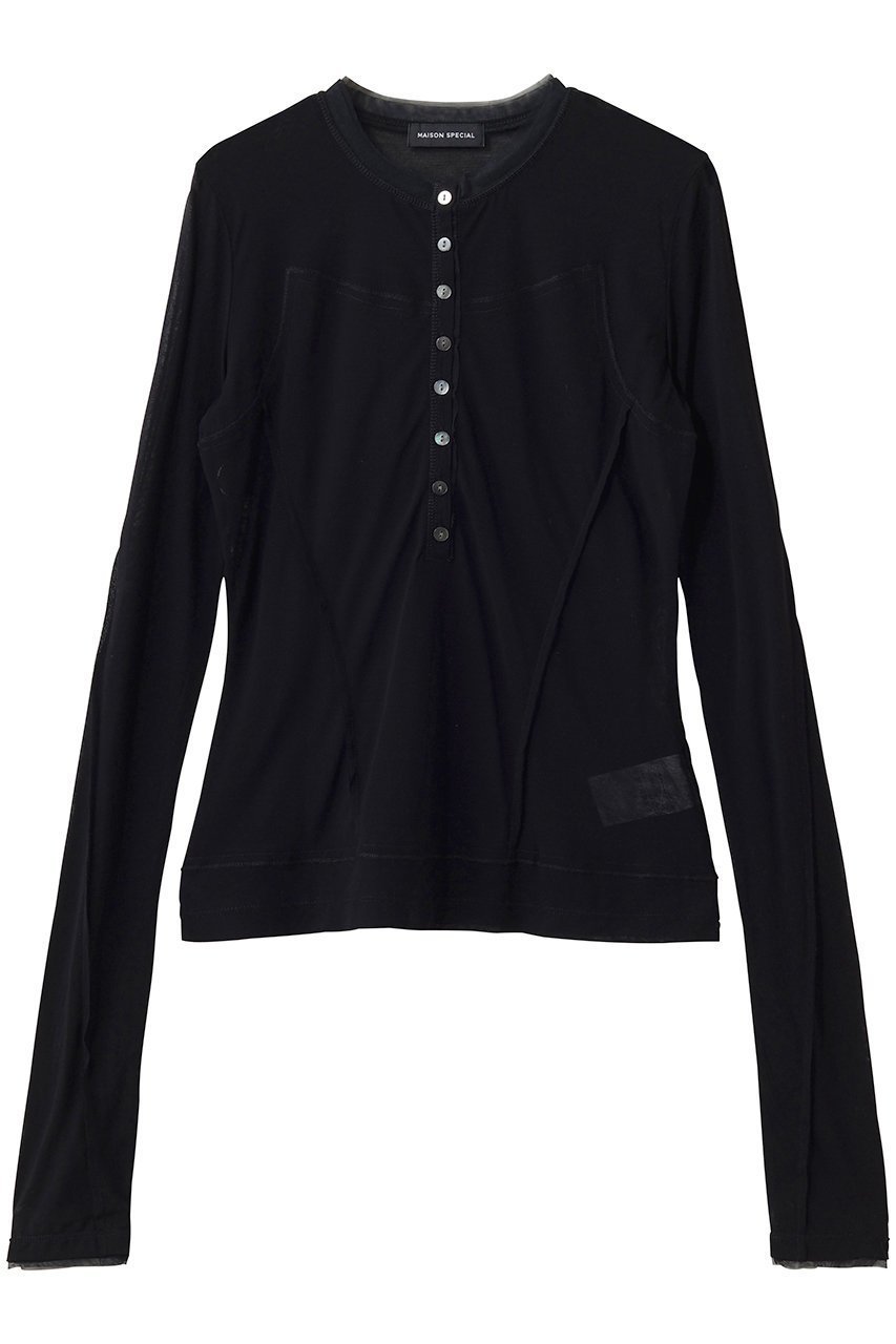 【メゾンスペシャル/MAISON SPECIAL】のHenley Neck Top/ヘンリーネックシアートップ インテリア・キッズ・メンズ・レディースファッション・服の通販 founy(ファニー) 　ファッション　Fashion　レディースファッション　Fashion for Women　トップス・カットソー　Cut & Sew Tops　シャツ・ブラウス・オフィスカジュアル　Elegant Blouses & Button-Ups　ロングTシャツ・Tシャツ　Longline T-Shirts & Tees　カットソー・ベーシックTシャツ　Cut-and-Sewn Tops / Stretch Tees & Basics　クラシック　Classic, Timeless Style　コンパクト　Compact, Small Size　シアー　Sheer, See-Through　スリーブ　Sleeve, Long Sleeve / Short Sleeve　ロング　Long, Long-Length　再入荷　Restock / Back in Stock　BLK(ブラック)|ID: prp329100004876368 ipo3291000000036372415