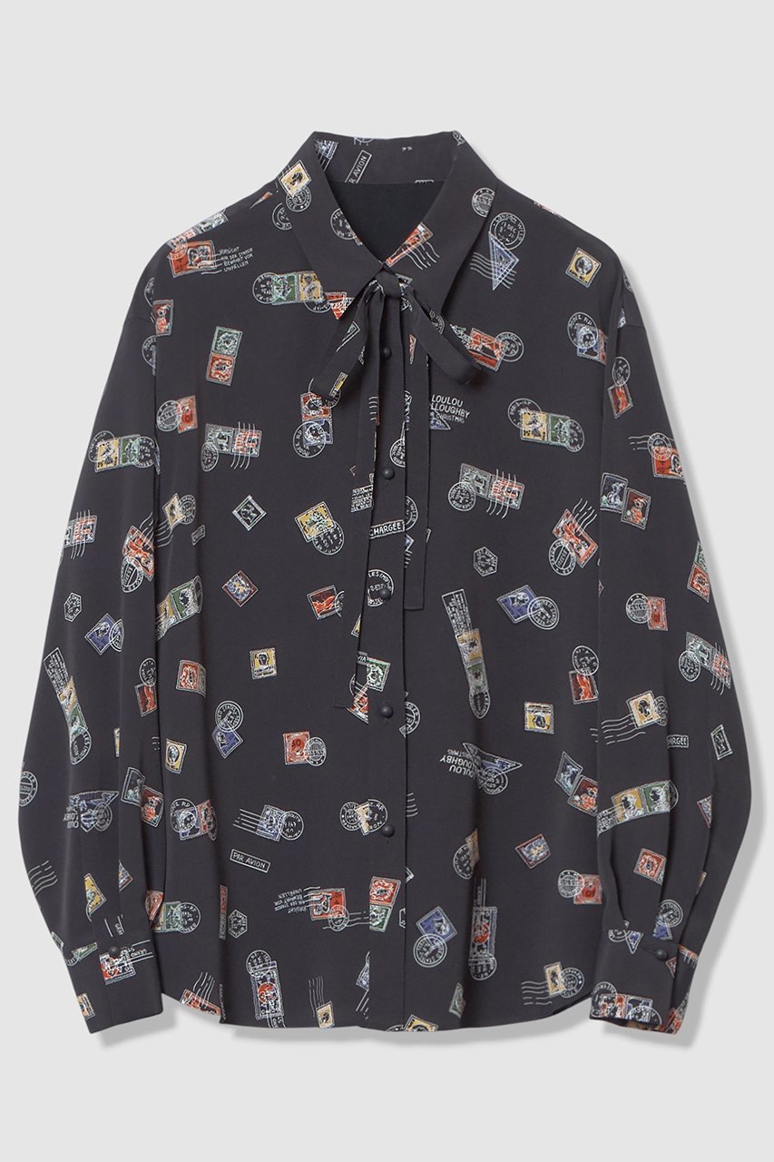 【アルアバイル/allureville】の【LOULOU WILLOUGHBY】レタープリントシャツブラウス インテリア・キッズ・メンズ・レディースファッション・服の通販 founy(ファニー) 　ファッション　Fashion　レディースファッション　Fashion for Women　トップス・カットソー　Cut & Sew Tops　シャツ・ブラウス・オフィスカジュアル　Elegant Blouses & Button-Ups　アシンメトリー　Asymmetrical Style　スリーブ　Sleeve, Long Sleeve / Short Sleeve　プリント　Print, Printed Pattern　モチーフ　Motif, Design Theme　リボン　Ribbon, Bow　ロング　Long, Long-Length　新作・新入荷　New Arrivals / New In　ネイビー|ID: prp329100004876429 ipo3291000000036372955