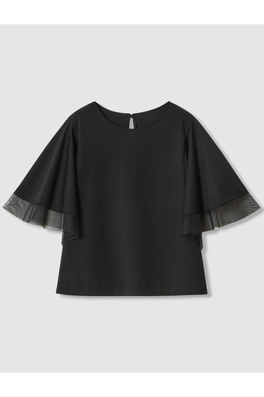 【アナイ/ANAYI】のポンチオーガン使いフレア袖 プルオーバー インテリア・キッズ・メンズ・レディースファッション・服の通販 founy(ファニー) 　ファッション　Fashion　レディースファッション　Fashion for Women　トップス・カットソー　Cut & Sew Tops　シャツ・ブラウス・オフィスカジュアル　Elegant Blouses & Button-Ups　ロングTシャツ・Tシャツ　Longline T-Shirts & Tees　カジュアルプルオーバー・ニットトップス　Pullovers & Knit Tops / Casual Pullovers　カットソー・ベーシックTシャツ　Cut-and-Sewn Tops / Stretch Tees & Basics　オーガンジー　Organza Fabric　ショート　Short, Short Length　シンプル　Simple, Minimal　スリーブ　Sleeve, Long Sleeve / Short Sleeve　チュール　Tulip, Tulip Motif　フレア　Flare, Flared　ラッフル　Ruffle, Frill　ブラック|ID: prp329100004876548 ipo3291000000036373879