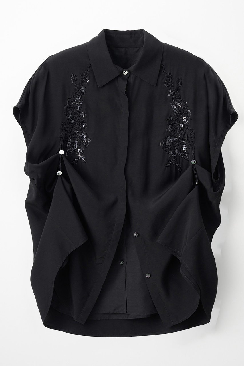 【ミューラル/MURRAL】のVeil エンブロイダード シャツ インテリア・キッズ・メンズ・レディースファッション・服の通販 founy(ファウニー) 　ファッション　Fashion　レディースファッション　Fashion for Women　トップス・カットソー　Cut & Sew Tops　シャツ・ブラウス・オフィスカジュアル　Elegant Blouses & Button-Ups　エレガント 上品　Elegant　ショート　Short, Short Length　スパンコール　Sequins, Sequin Embellishment　スリーブ　Sleeve, Long Sleeve / Short Sleeve　ドレープ　Drape, Draping Fabric　モチーフ　Motif, Design Theme　ループ　Loop, Loop Knit　再入荷　Restock / Back in Stock　ブラック|ID: prp329100004876608 ipo3291000000036744471