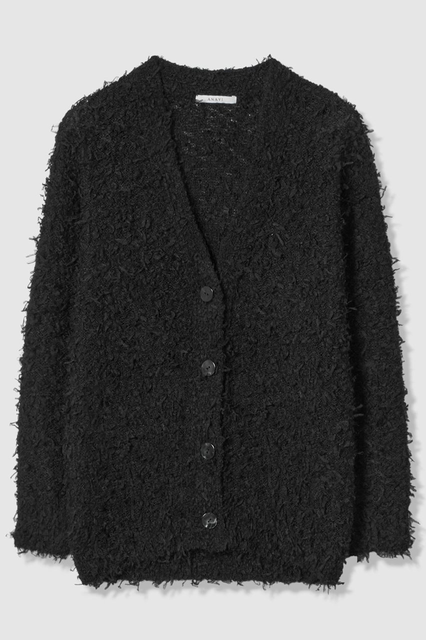 【アナイ/ANAYI】のチュールシャギーVネックカーディガン インテリア・キッズ・メンズ・レディースファッション・服の通販 founy(ファウニー) 　ファッション　Fashion　レディースファッション　Fashion for Women　トップス・カットソー　Cut & Sew Tops　ニット　Knit Tops & Sweaters　カーディガン・羽織り　Layered Style Cardigans　Vネックトップス　V-Neck Tops / V-Cut Neckline Shirts　エレガント 上品　Elegant　カーディガン　Cardigan, Knitwear　シンプル　Simple, Minimal　フラット　Flat, Flat Shoes　リラックス　Relax, Relaxed Fit　ブラック|ID: prp329100004876771 ipo3291000000036694903