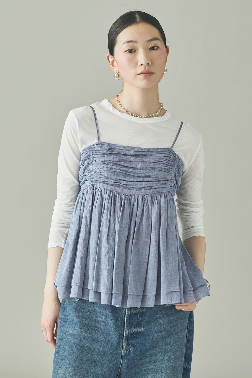 【カレンソロジー/Curensology】のシャンブレーギャザーキャミソール 人気、トレンドファッション・服の通販 founy(ファニー) 　ファッション　Fashion　レディースファッション　Fashion for Women　トップス・カットソー　Cut & Sew Tops　キャミソール&ノースリーブ　Camisoles & Sleeveless Tops　シャツ・ブラウス・オフィスカジュアル　Elegant Blouses & Button-Ups　ロングTシャツ・Tシャツ　Longline T-Shirts & Tees　カットソー・ベーシックTシャツ　Cut-and-Sewn Tops / Stretch Tees & Basics　おすすめ　Recommended / Our Picks　キャミソール　Camisole, Spaghetti Strap Top　ギャザー　Gathered, Ruffled　タンク　Tank Top, Sleeveless Top　デニム　Denim, Jeans Material　パーティ　Party, Party Style　新作・新入荷　New Arrivals / New In　other-2|ID: prp329100004877252 ipo3291000000036381540