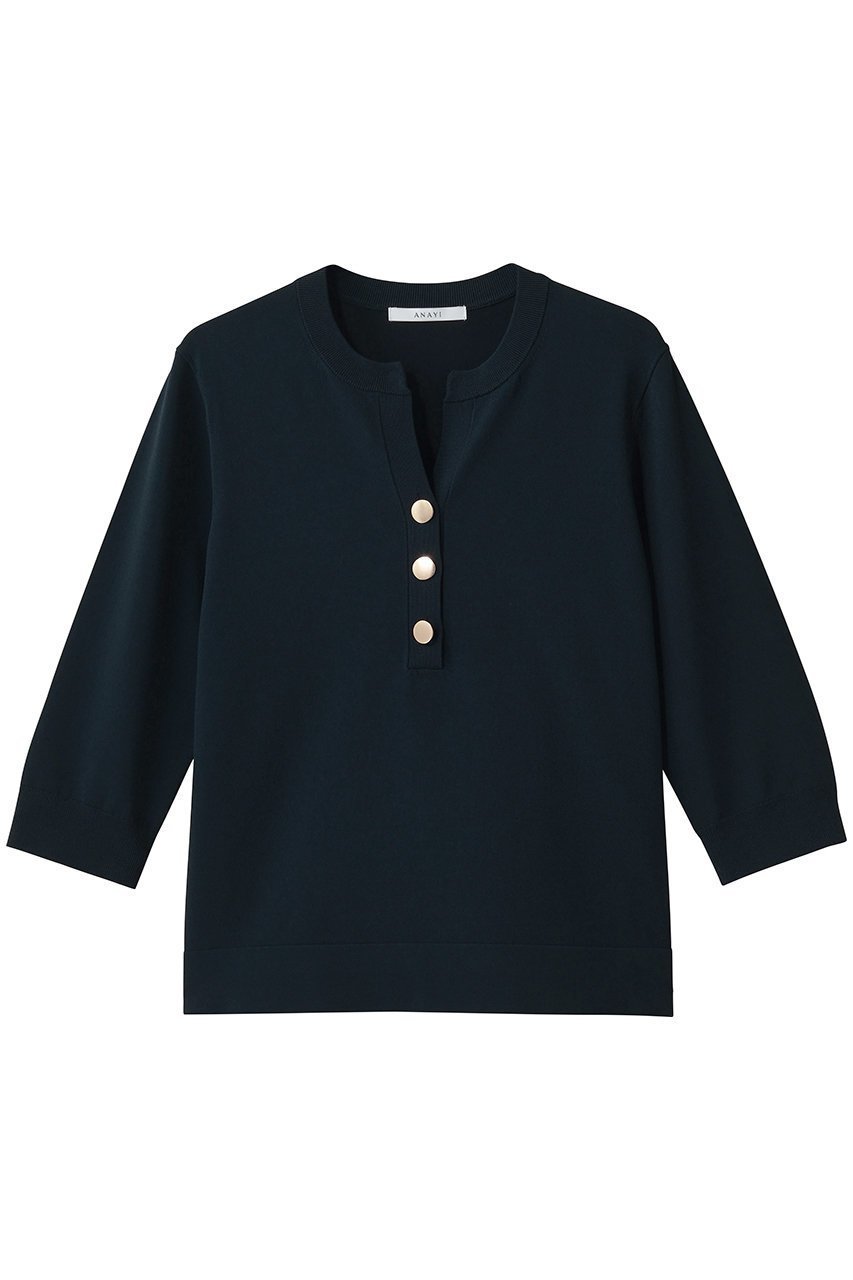 【アナイ/ANAYI】のRY/PEストレッチキーネックプルオーバー インテリア・キッズ・メンズ・レディースファッション・服の通販 founy(ファニー) 　ファッション　Fashion　レディースファッション　Fashion for Women　トップス・カットソー　Cut & Sew Tops　ニット　Knit Tops & Sweaters　カジュアルプルオーバー・ニットトップス　Pullovers & Knit Tops / Casual Pullovers　コンパクト　Compact, Small Size　ストレッチ　Stretch, Stretchy Fabric　デコルテ　Décolleté, Neckline　メタル　Metal, Metal Parts　エレガント 上品　Elegant　新作・新入荷　New Arrivals / New In　ネイビー|ID: prp329100004877302 ipo3291000000036381951