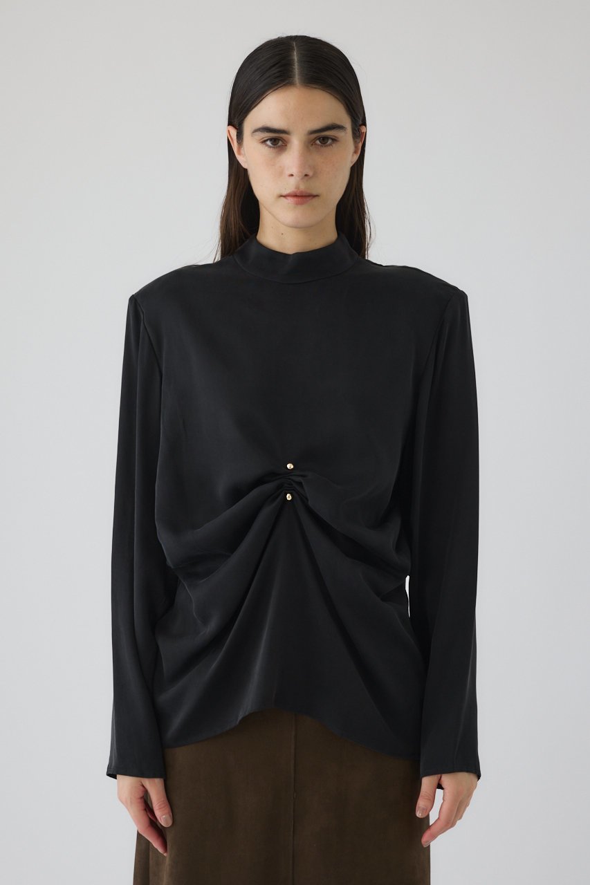 【リムアーク/RIM.ARK】のGathered paded tops/トップス インテリア・キッズ・メンズ・レディースファッション・服の通販 founy(ファニー) 　ファッション　Fashion　レディースファッション　Fashion for Women　トップス・カットソー　Cut & Sew Tops　シャツ・ブラウス・オフィスカジュアル　Elegant Blouses & Button-Ups　インナー　Innerwear　キュプラ　Cupro, Eco Fabric　クール　Cool, Chic　サテン　Satin, Glossy Fabric　ショルダー　Shoulder, Shoulder Strap　シンプル　Simple, Minimal　ジャケット　Jacket, Outerwear　スラックス　Slacks, Dress Pants　スリーブ　Sleeve, Long Sleeve / Short Sleeve　ドレープ　Drape, Draping Fabric　フロント　Front, Front Design　ラグジュアリー　Luxury, Elegant　ロング　Long, Long-Length　エレガント 上品　Elegant　結婚式　Wedding　ブラック|ID: prp329100004877751 ipo3291000000036386549