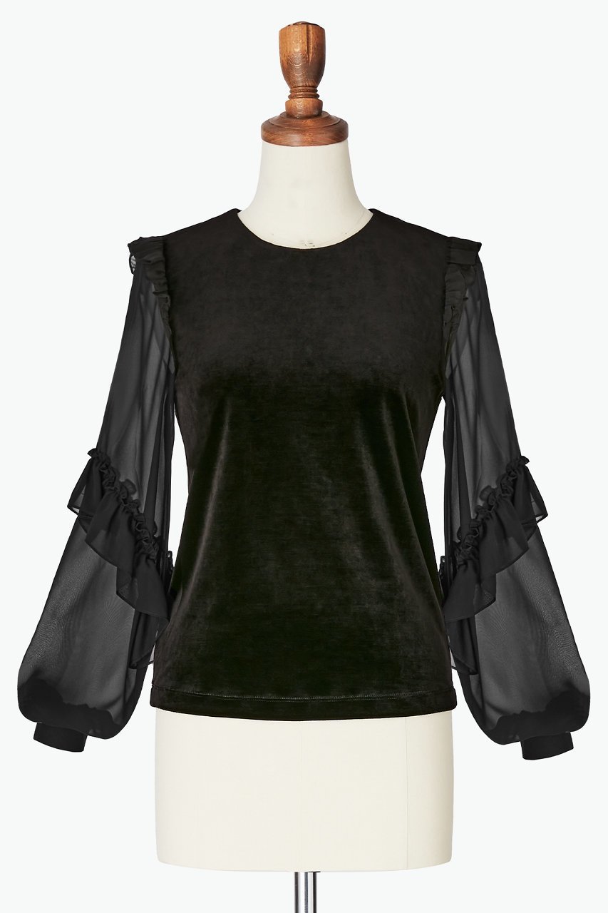 【デイジーリン/DAISY LIN】のTop “High-end Lady” インテリア・キッズ・メンズ・レディースファッション・服の通販 founy(ファニー) 　ファッション　Fashion　レディースファッション　Fashion for Women　トップス・カットソー　Cut & Sew Tops　シャツ・ブラウス・オフィスカジュアル　Elegant Blouses & Button-Ups　エレガント 上品　Elegant　シフォン　Chiffon, Lightweight Fabric　シンプル　Simple, Minimal　スマート　Smart, Elegant　スリット　Slit, Slit Detail　スリーブ　Sleeve, Long Sleeve / Short Sleeve　フェミニン　Feminine, Girly　フリル　Frill, Ruffle　ベロア　Velour, Soft Velvet　ロング　Long, Long-Length　人気　Popular, Best Seller　ベルベットブラック|ID: prp329100004877893 ipo3291000000036388119