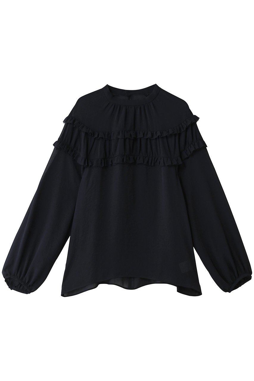 【デザイン ワークス/DESIGN WORKS】のジョーゼットシアーフリルブラウス インテリア・キッズ・メンズ・レディースファッション・服の通販 founy(ファニー) 　ファッション　Fashion　レディースファッション　Fashion for Women　トップス・カットソー　Cut & Sew Tops　シャツ・ブラウス・オフィスカジュアル　Elegant Blouses & Button-Ups　おすすめ　Recommended / Our Picks　ジョーゼット　Georgette, Semi-Sheer Fabric　スラックス　Slacks, Dress Pants　スリーブ　Sleeve, Long Sleeve / Short Sleeve　デニム　Denim, Jeans Material　バランス　Balance, Style Balance　ボトム　Bottoms, Lower Wear　ミックス　Mix, Mixed Style　ヨーク　Yoke, Yoke Design　ロング　Long, Long-Length　エレガント 上品　Elegant　新作・新入荷　New Arrivals / New In　ネイビー|ID: prp329100004878595 ipo3291000000036396926