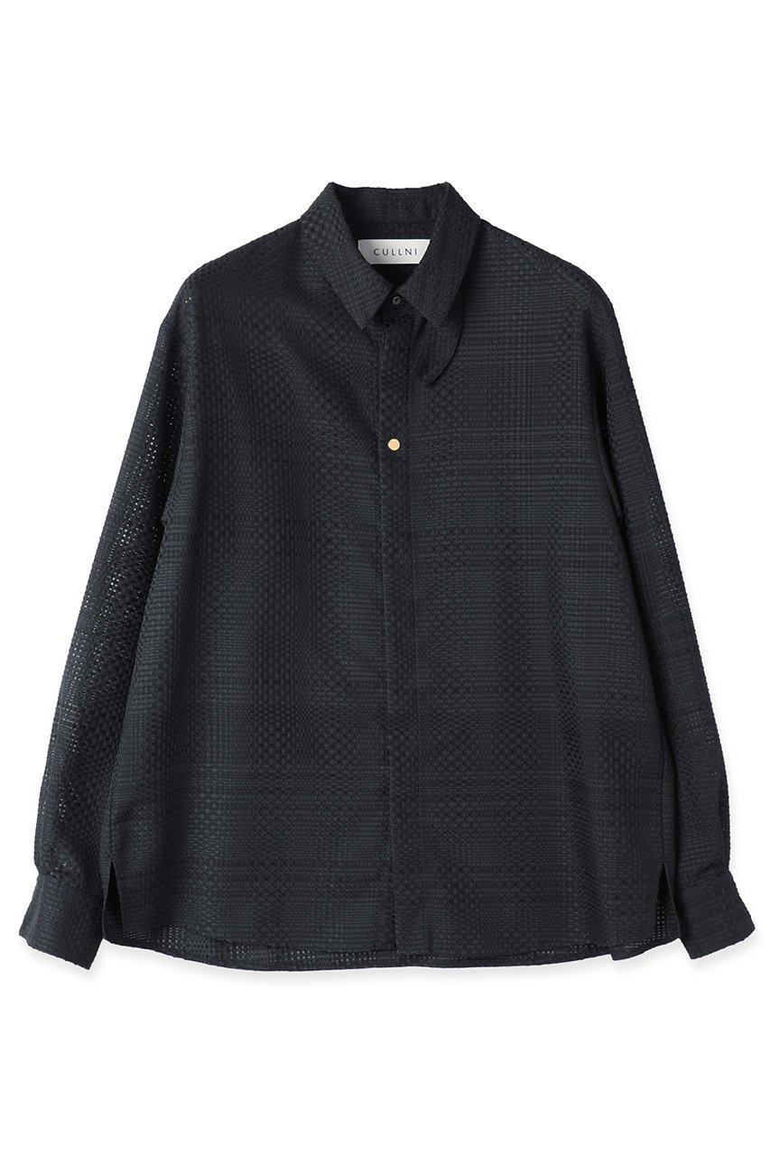 【クルニ/CULLNI】の【UNISEX】Sheer Tile Check Chin Tab シャツ インテリア・キッズ・メンズ・レディースファッション・服の通販 founy(ファニー) 　ファッション　Fashion　レディースファッション　Fashion for Women　トップス・カットソー　Cut & Sew Tops　シャツ・ブラウス・オフィスカジュアル　Elegant Blouses & Button-Ups　ユニセックス　Unisex, Genderless　スリット　Slit, Slit Detail　スリーブ　Sleeve, Long Sleeve / Short Sleeve　チェック　Check, Plaid, Tartan　ドレープ　Drape, Draping Fabric　パターン　Pattern, Design Print　ラウンド　Round, Round Neck　ロング　Long, Long-Length　エレガント 上品　Elegant　新作・新入荷　New Arrivals / New In　ブラックチェック|ID: prp329100004878611 ipo3291000000036397032