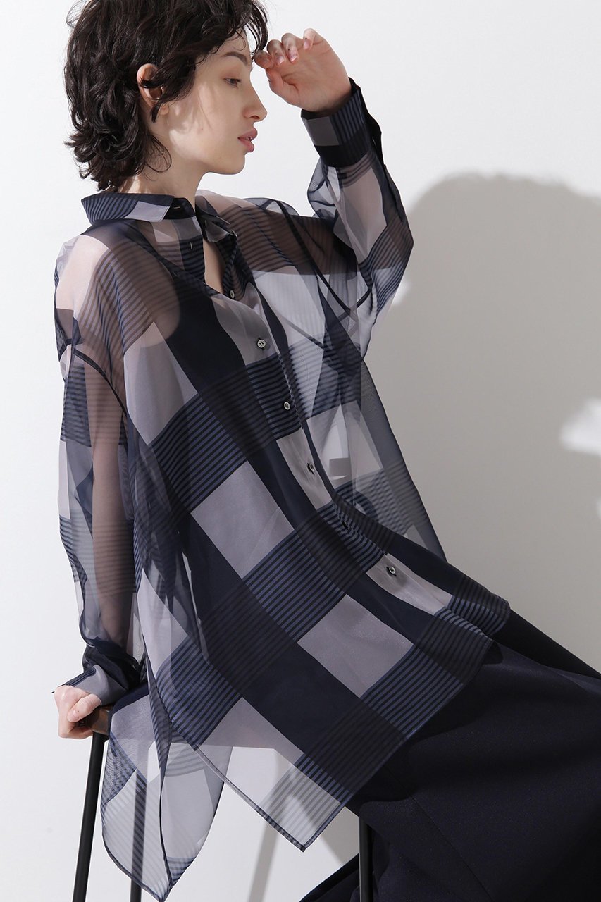 【ヒューエルミュージアム/hueLe Museum】の【hLM】シアーチェックブラウス 人気、トレンドファッション・服の通販 founy(ファニー) 　ファッション　Fashion　レディースファッション　Fashion for Women　トップス・カットソー　Cut & Sew Tops　シャツ・ブラウス・オフィスカジュアル　Elegant Blouses & Button-Ups　オーガンジー　Organza Fabric　スリーブ　Sleeve, Long Sleeve / Short Sleeve　チェック　Check, Plaid, Tartan　フォルム　Silhouette, Form　ブロック　Block, Solid Block Pattern　プリント　Print, Printed Pattern　ロング　Long, Long-Length　羽織　Haori, Light Jacket　 other-1|ID: prp329100004878647 ipo3291000000036397991