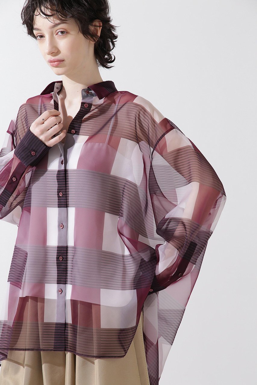 【ヒューエルミュージアム/hueLe Museum】の【hLM】シアーチェックブラウス インテリア・キッズ・メンズ・レディースファッション・服の通販 founy(ファニー) 　ファッション　Fashion　レディースファッション　Fashion for Women　トップス・カットソー　Cut & Sew Tops　シャツ・ブラウス・オフィスカジュアル　Elegant Blouses & Button-Ups　オーガンジー　Organza Fabric　スリーブ　Sleeve, Long Sleeve / Short Sleeve　チェック　Check, Plaid, Tartan　フォルム　Silhouette, Form　ブロック　Block, Solid Block Pattern　プリント　Print, Printed Pattern　ロング　Long, Long-Length　羽織　Haori, Light Jacket　ワイン|ID: prp329100004878647 ipo3291000000036397993