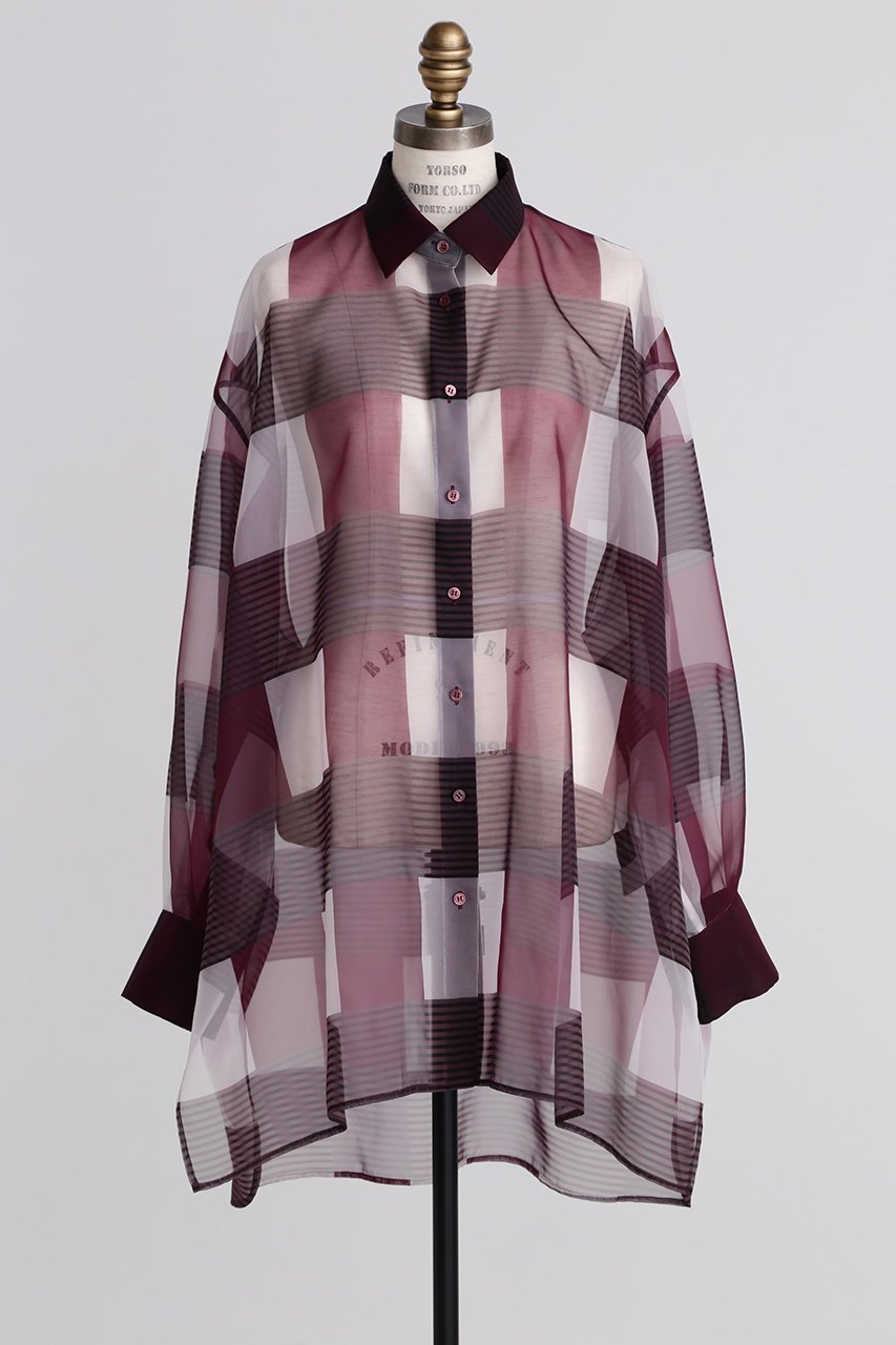 【ヒューエルミュージアム/hueLe Museum】の【hLM】シアーチェックブラウス 人気、トレンドファッション・服の通販 founy(ファニー) 　ファッション　Fashion　レディースファッション　Fashion for Women　トップス・カットソー　Cut & Sew Tops　シャツ・ブラウス・オフィスカジュアル　Elegant Blouses & Button-Ups　オーガンジー　Organza Fabric　スリーブ　Sleeve, Long Sleeve / Short Sleeve　チェック　Check, Plaid, Tartan　フォルム　Silhouette, Form　ブロック　Block, Solid Block Pattern　プリント　Print, Printed Pattern　ロング　Long, Long-Length　羽織　Haori, Light Jacket　other-2|ID: prp329100004878647 ipo3291000000036397994