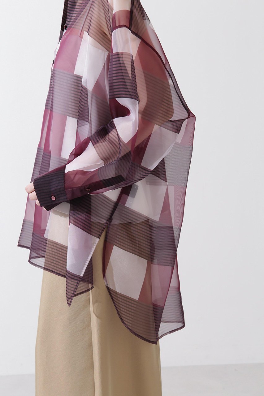 【ヒューエルミュージアム/hueLe Museum】の【hLM】シアーチェックブラウス 人気、トレンドファッション・服の通販 founy(ファニー) 　ファッション　Fashion　レディースファッション　Fashion for Women　トップス・カットソー　Cut & Sew Tops　シャツ・ブラウス・オフィスカジュアル　Elegant Blouses & Button-Ups　オーガンジー　Organza Fabric　スリーブ　Sleeve, Long Sleeve / Short Sleeve　チェック　Check, Plaid, Tartan　フォルム　Silhouette, Form　ブロック　Block, Solid Block Pattern　プリント　Print, Printed Pattern　ロング　Long, Long-Length　羽織　Haori, Light Jacket　other-7|ID: prp329100004878647 ipo3291000000036397999