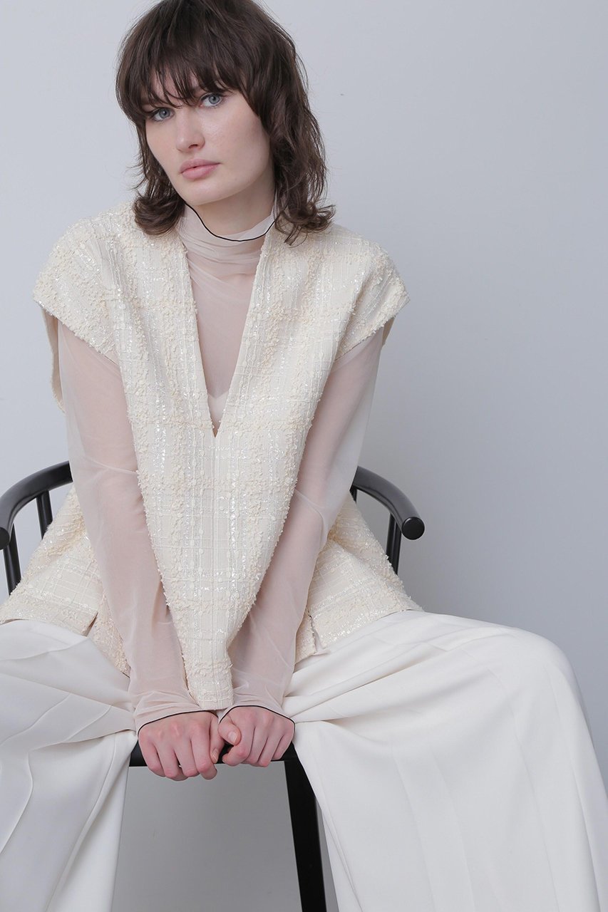 【ヒューエルミュージアム/hueLe Museum】の【STUMBLY】Tweed Back Peplum Gilet Blouse インテリア・キッズ・メンズ・レディースファッション・服の通販 founy(ファニー) 　ファッション　Fashion　レディースファッション　Fashion for Women　アウター　Coat / Outerwear Collection　トップス・カットソー　Cut & Sew Tops　キャミソール&ノースリーブ　Camisoles & Sleeveless Tops　シャツ・ブラウス・オフィスカジュアル　Elegant Blouses & Button-Ups　ベスト&ジレ / 重ね着スタイル　Vests & Gilets　クラシカル　Classical, Vintage-Inspired　ツイード　Twill, Twill Weave　ノースリーブ　Sleeveless, No-Sleeve　フロント　Front, Front Design　ペプラム　Peplum, Flared Hem　切替　Switching, Contrast Panel　定番　Standard, Basic Item　ホワイト|ID: prp329100004878688 ipo3291000000036400461