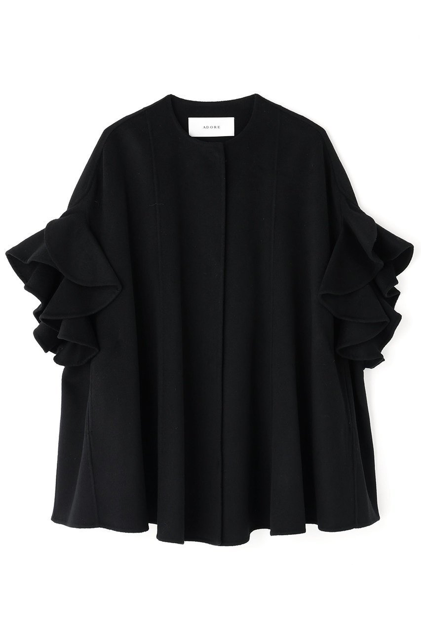 【アドーア/ADORE】のピュアカシミヤコート インテリア・キッズ・メンズ・レディースファッション・服の通販 founy(ファウニー) 　ファッション　Fashion　レディースファッション　Fashion for Women　アウター　Coat / Outerwear Collection　コート・ロングコート・ピーコート　Long Coats, Peacoats & More　ショート　Short, Short Length　バランス　Balance, Style Balance　フレア　Flare, Flared　ポンチョ　Poncho, Cape Style　ラッフル　Ruffle, Frill　ブラック|ID: prp329100004878828 ipo3291000000036878859