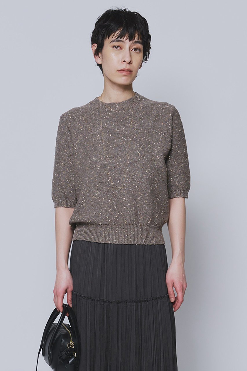 【プルミエ アロンディスモン/1er Arrondissement】のラメノットコットンハーフスリーブニット インテリア・キッズ・メンズ・レディースファッション・服の通販 founy(ファニー) 　ファッション　Fashion　レディースファッション　Fashion for Women　トップス・カットソー　Cut & Sew Tops　ニット　Knit Tops & Sweaters　カジュアルプルオーバー・ニットトップス　Pullovers & Knit Tops / Casual Pullovers　デニム　Denim, Jeans Material　ベーシック　Basic, Essential　ボトム　Bottoms, Lower Wear　ラグジュアリー　Luxury, Elegant　半袖　Short Sleeve, Half Sleeve　新作・新入荷　New Arrivals / New In　グレージュ|ID: prp329100004878895 ipo3291000000036405352