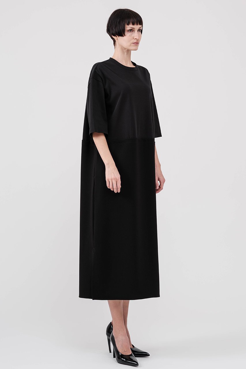 【ドメル/DOMELLE】のダブル マテリアル ドレス インテリア・キッズ・メンズ・レディースファッション・服の通販 founy(ファニー) 　ファッション　Fashion　レディースファッション　Fashion for Women　ワンピース　Dresses　フォーマル・パーティードレス・結婚式用ドレス　Elegant & Casual Dresses　チュニック　Tunic Tops & Dresses　シンプル　Simple, Minimal　ダブル　Double, Double-Breasted　チュニック　Tunic, Long Top　ドレス　Dress, One-Piece　ドレープ　Drape, Draping Fabric　リラックス　Relax, Relaxed Fit　ロング　Long, Long-Length　定番　Standard, Basic Item　新作・新入荷　New Arrivals / New In　ブラック×ブラック|ID: prp329100004878916 ipo3291000000036405529