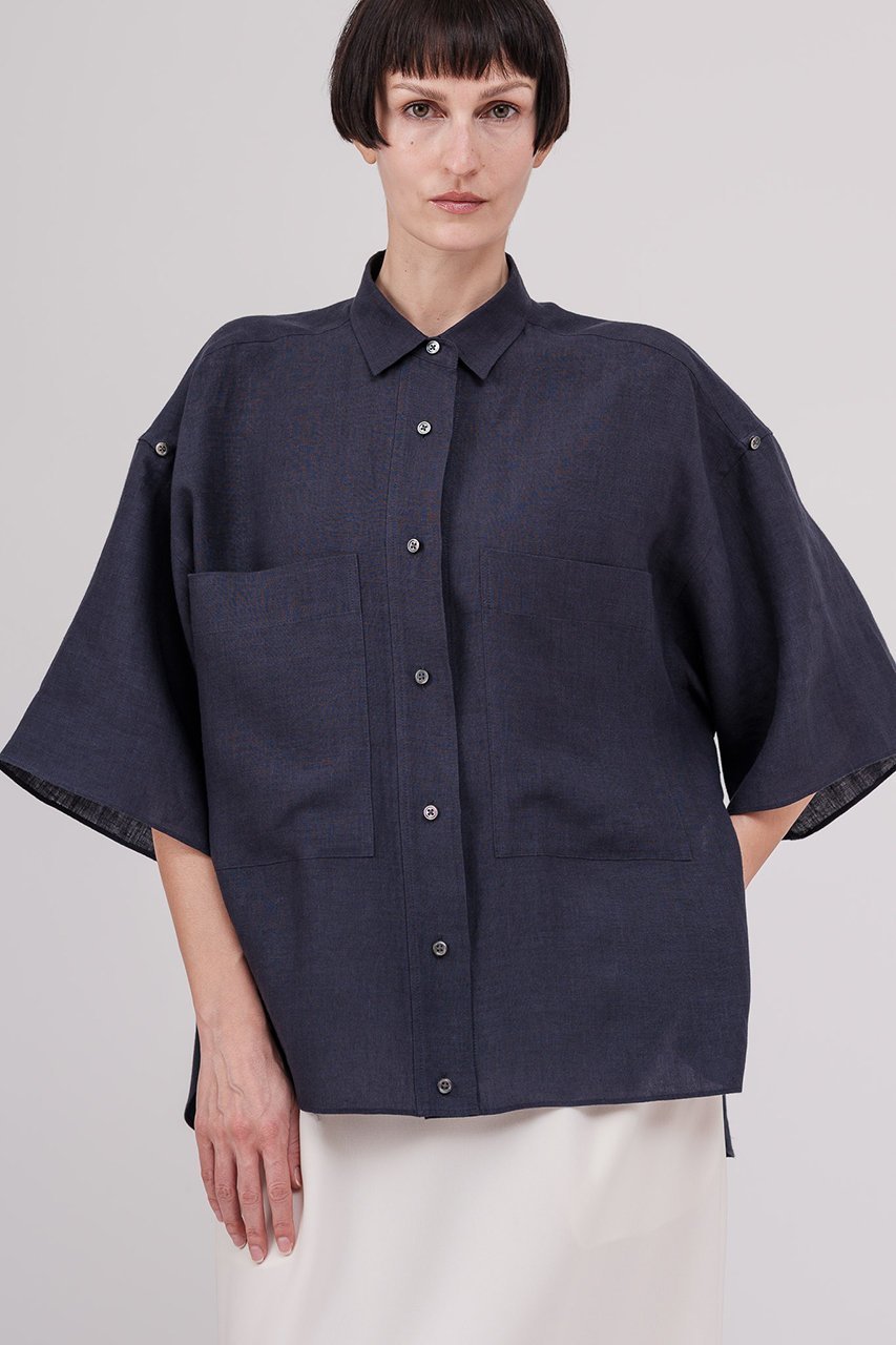 【ドメル/DOMELLE】のベルギー リネン シャツ インテリア・キッズ・メンズ・レディースファッション・服の通販 founy(ファニー) 　ファッション　Fashion　レディースファッション　Fashion for Women　トップス・カットソー　Cut & Sew Tops　シャツ・ブラウス・オフィスカジュアル　Elegant Blouses & Button-Ups　カシュクール　Wrap Design　ショート　Short, Short Length　スリーブ　Sleeve, Long Sleeve / Short Sleeve　バランス　Balance, Style Balance　ビッグ　Big, Oversized　フロント　Front, Front Design　ポケット　Pocket, Pocket Detail　ラウンド　Round, Round Neck　リネン　Linen, Linen Fabric　ロールアップ　Roll-Up, Cuffed Hem　夏　Summer　新作・新入荷　New Arrivals / New In　ネイビー|ID: prp329100004878917 ipo3291000000036405539