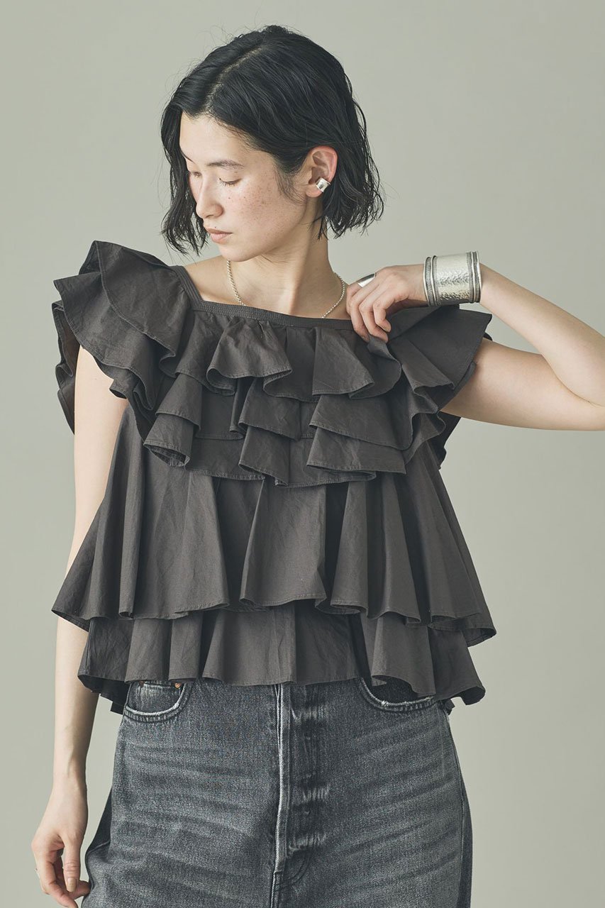 【カレンソロジー/Curensology】のポプリンラッフルブラウス インテリア・キッズ・メンズ・レディースファッション・服の通販 founy(ファニー) 　ファッション　Fashion　レディースファッション　Fashion for Women　トップス・カットソー　Cut & Sew Tops　シャツ・ブラウス・オフィスカジュアル　Elegant Blouses & Button-Ups　インド　Indian Textile　ショート　Short, Short Length　スリーブ　Sleeve, Long Sleeve / Short Sleeve　バランス　Balance, Style Balance　フリル　Frill, Ruffle　ボトム　Bottoms, Lower Wear　再入荷　Restock / Back in Stock　チャコール|ID: prp329100004878919 ipo3291000000036405556