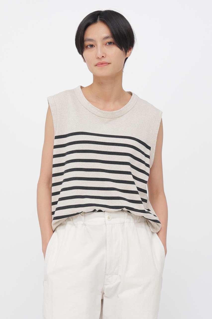【マーガレットハウエル/MARGARET HOWELL】のBELGIAN LINEN COTTON JERSEY TOP インテリア・キッズ・メンズ・レディースファッション・服の通販 founy(ファニー) 　ファッション　Fashion　レディースファッション　Fashion for Women　トップス・カットソー　Cut & Sew Tops　キャミソール&ノースリーブ　Camisoles & Sleeveless Tops　シャツ・ブラウス・オフィスカジュアル　Elegant Blouses & Button-Ups　ロングTシャツ・Tシャツ　Longline T-Shirts & Tees　カットソー・ベーシックTシャツ　Cut-and-Sewn Tops / Stretch Tees & Basics　キャミソール　Camisole, Spaghetti Strap Top　ストライプ　Stripe, Striped Pattern　タンク　Tank Top, Sleeveless Top　プリント　Print, Printed Pattern　リネン　Linen, Linen Fabric　エレガント 上品　Elegant　夏　Summer　新作・新入荷　New Arrivals / New In　ベージュ|ID: prp329100004879006 ipo3291000000036406305