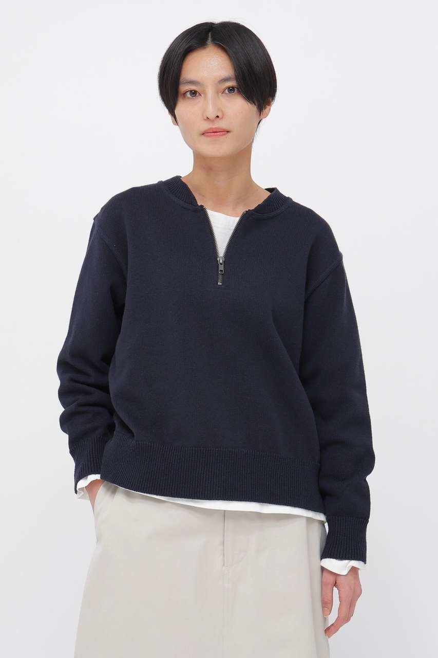 【マーガレットハウエル/MARGARET HOWELL】のDENSE ECO PLATED COTTON KNITWEAR インテリア・キッズ・メンズ・レディースファッション・服の通販 founy(ファウニー) 　ファッション　Fashion　レディースファッション　Fashion for Women　トップス・カットソー　Cut & Sew Tops　ニット　Knit Tops & Sweaters　カーディガン・羽織り　Layered Style Cardigans　カッティング　Cutting Detail　カーディガン　Cardigan, Knitwear　スポーティ　Sporty, Casual Athletic　ミドル　Middle Length, Mid Height　ラウンド　Round, Round Neck　ネイビー|ID: prp329100004879156 ipo3291000000036407512