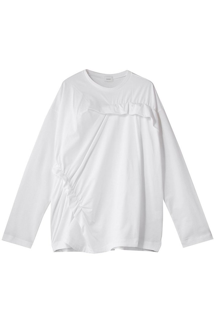 【マノフ/MANOF】のFRILLED LONG T-SHIRTトップス インテリア・キッズ・メンズ・レディースファッション・服の通販 founy(ファニー) https://founy.com/ ファッション Fashion レディースファッション Fashion for Women トップス・カットソー Cut & Sew Tops シャツ・ブラウス・オフィスカジュアル Elegant Blouses & Button-Ups ロングTシャツ・Tシャツ Longline T-Shirts & Tees カットソー・ベーシックTシャツ Cut-and-Sewn Tops / Stretch Tees & Basics アシンメトリー Asymmetrical Style スリーブ Sleeve, Long Sleeve / Short Sleeve ドレープ Drape, Draping Fabric フリル Frill, Ruffle ロング Long, Long-Length |ID: prp329100004879412 ipo3291000000036409190