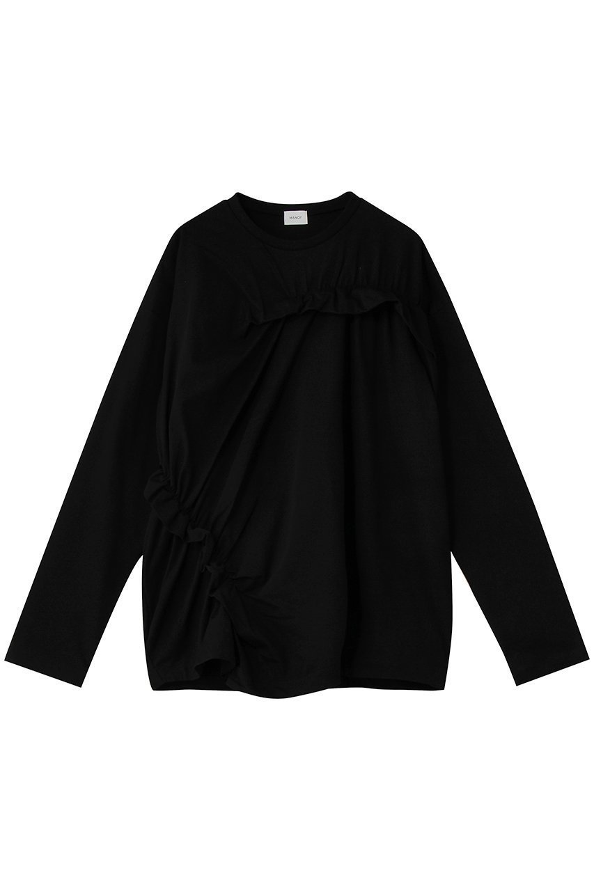 【マノフ/MANOF】のFRILLED LONG T-SHIRTトップス インテリア・キッズ・メンズ・レディースファッション・服の通販 founy(ファニー) 　ファッション　Fashion　レディースファッション　Fashion for Women　トップス・カットソー　Cut & Sew Tops　シャツ・ブラウス・オフィスカジュアル　Elegant Blouses & Button-Ups　ロングTシャツ・Tシャツ　Longline T-Shirts & Tees　カットソー・ベーシックTシャツ　Cut-and-Sewn Tops / Stretch Tees & Basics　アシンメトリー　Asymmetrical Style　スリーブ　Sleeve, Long Sleeve / Short Sleeve　ドレープ　Drape, Draping Fabric　フリル　Frill, Ruffle　ロング　Long, Long-Length　BLACK|ID: prp329100004879413 ipo3291000000036409194