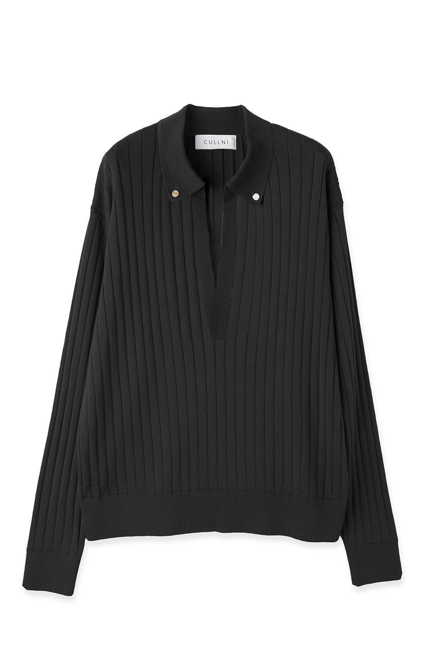 【クルニ/CULLNI】の【UNISEX】ワイド リブ スキッパー カラー ニットプルオーバー インテリア・キッズ・メンズ・レディースファッション・服の通販 founy(ファウニー) 　ファッション　Fashion　レディースファッション　Fashion for Women　トップス・カットソー　Cut & Sew Tops　ニット　Knit Tops & Sweaters　カジュアルプルオーバー・ニットトップス　Pullovers & Knit Tops / Casual Pullovers　ユニセックス　Unisex, Genderless　エアリー　Airy Texture　スキッパー　Skipper, Open Collar　ワイド　Wide, Wide Fit　エレガント 上品　Elegant　ブラック|ID: prp329100004879839 ipo3291000000036874492