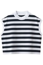 【スリー ドッツ/three dots】のビックストライプ フレンチスリーブTシャツ ホワイト×ネイビー|ID:prp329100004880929