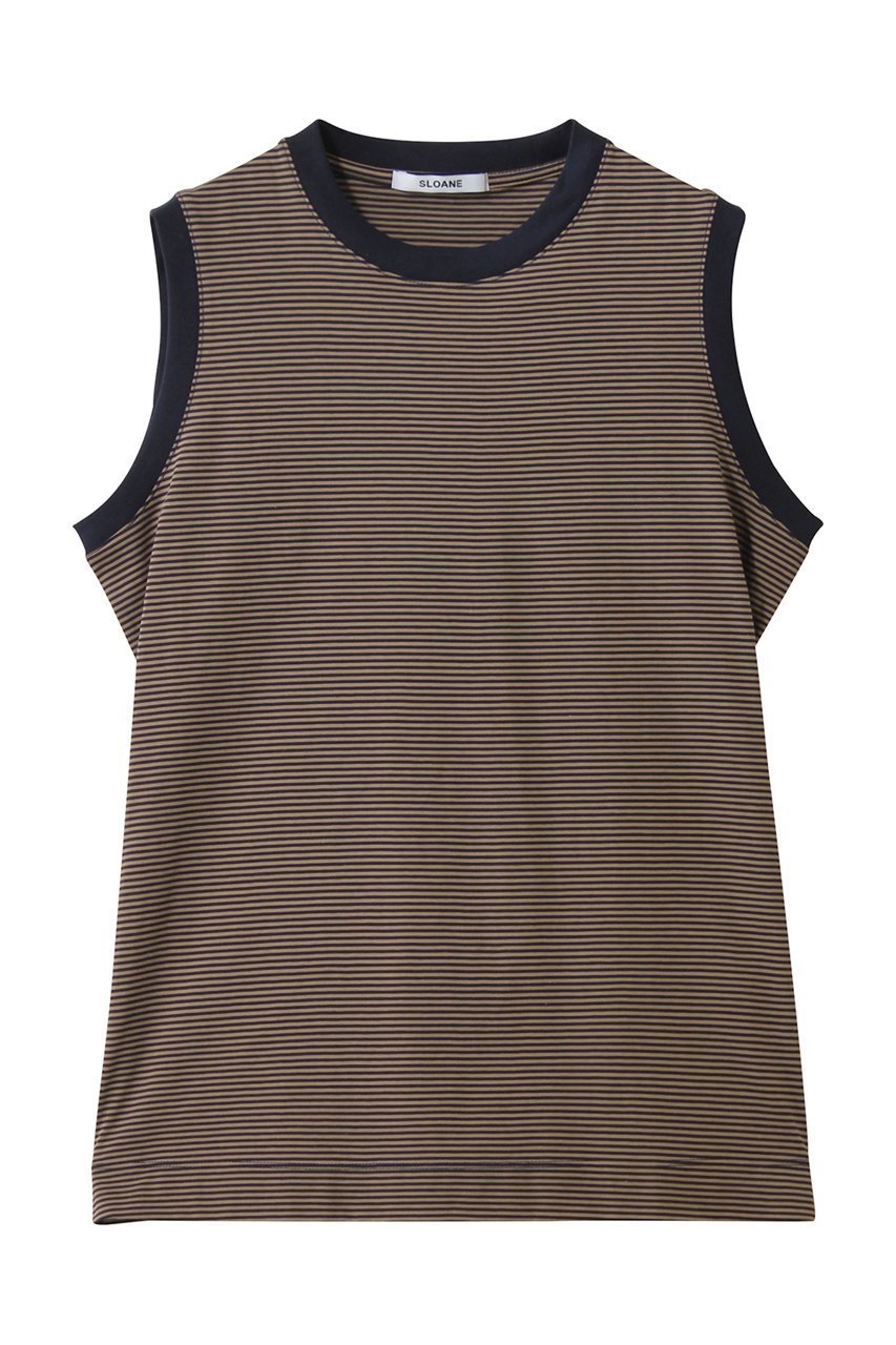 【スローン/SLOANE】の72/2コットン天竺 マイクロボーダーノースリーブ インテリア・キッズ・メンズ・レディースファッション・服の通販 founy(ファニー) 　ファッション　Fashion　レディースファッション　Fashion for Women　トップス・カットソー　Cut & Sew Tops　キャミソール&ノースリーブ　Camisoles & Sleeveless Tops　シャツ・ブラウス・オフィスカジュアル　Elegant Blouses & Button-Ups　ロングTシャツ・Tシャツ　Longline T-Shirts & Tees　カットソー・ベーシックTシャツ　Cut-and-Sewn Tops / Stretch Tees & Basics　なめらか　Smooth, Silky Texture　キャミソール　Camisole, Spaghetti Strap Top　タンク　Tank Top, Sleeveless Top　ノースリーブ　Sleeveless, No-Sleeve　バランス　Balance, Style Balance　ボーダー　Border, Stripe　夏　Summer　春　Spring　S/S・春夏　SS, Spring/Summer, Warm Season　ネイビー×キャメル|ID: prp329100004881995 ipo3291000000036439705