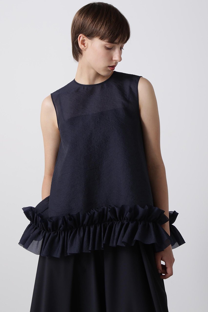 【ヒューエルミュージアム/hueLe Museum】の【hLM】シルキーオーガンジーブラウス インテリア・キッズ・メンズ・レディースファッション・服の通販 founy(ファニー) 　ファッション　Fashion　レディースファッション　Fashion for Women　トップス・カットソー　Cut & Sew Tops　キャミソール&ノースリーブ　Camisoles & Sleeveless Tops　シャツ・ブラウス・オフィスカジュアル　Elegant Blouses & Button-Ups　オーガンジー　Organza Fabric　ギャザー　Gathered, Ruffled　シアー　Sheer, See-Through　シルク　Silk, 100% Silk　シンプル　Simple, Minimal　ノースリーブ　Sleeveless, No-Sleeve　エレガント 上品　Elegant　軽量　Lightweight, Ultra Light　ネイビー|ID: prp329100004882455 ipo3291000000036443910