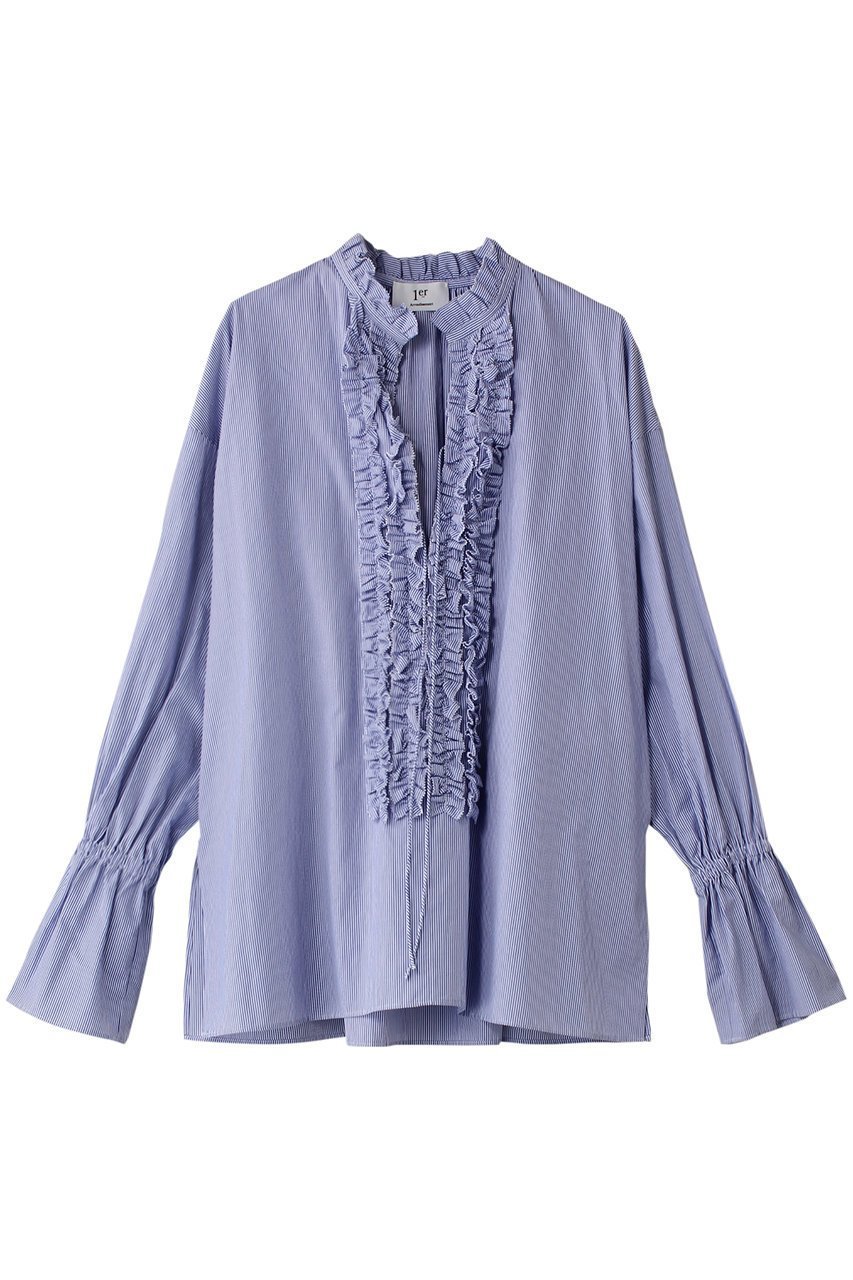 【プルミエ アロンディスモン/1er Arrondissement】のストライプフリルシャツ インテリア・キッズ・メンズ・レディースファッション・服の通販 founy(ファニー) 　ファッション　Fashion　レディースファッション　Fashion for Women　トップス・カットソー　Cut & Sew Tops　シャツ・ブラウス・オフィスカジュアル　Elegant Blouses & Button-Ups　ギャザー　Gathered, Ruffled　ストライプ　Stripe, Striped Pattern　スリーブ　Sleeve, Long Sleeve / Short Sleeve　ダウン　Down, Puffer　デニム　Denim, Jeans Material　フリル　Frill, Ruffle　フレア　Flare, Flared　フロント　Front, Front Design　ロング　Long, Long-Length　エレガント 上品　Elegant　ストライプ|ID: prp329100004882742 ipo3291000000036446750