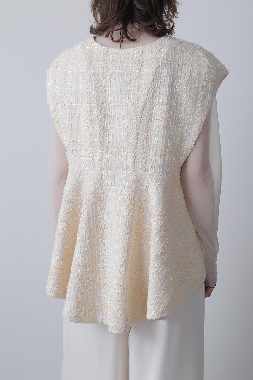 【ヒューエルミュージアム/hueLe Museum】の【STUMBLY】Tweed Back Peplum Gilet Blouse 人気、トレンドファッション・服の通販 founy(ファニー) 　ファッション　Fashion　レディースファッション　Fashion for Women　アウター　Coat / Outerwear Collection　トップス・カットソー　Cut & Sew Tops　キャミソール&ノースリーブ　Camisoles & Sleeveless Tops　シャツ・ブラウス・オフィスカジュアル　Elegant Blouses & Button-Ups　ベスト&ジレ / 重ね着スタイル　Vests & Gilets　クラシカル　Classical, Vintage-Inspired　ツイード　Twill, Twill Weave　ノースリーブ　Sleeveless, No-Sleeve　フロント　Front, Front Design　ペプラム　Peplum, Flared Hem　切替　Switching, Contrast Panel　定番　Standard, Basic Item　other-7|ID: prp329100004882822 ipo3291000000036447604