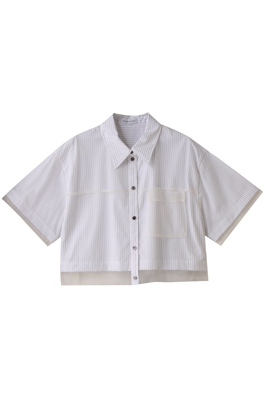 【メゾンスペシャル/MAISON SPECIAL】のSee-through Layered Tulle Shirt/シースルーレイヤードチュールシャツ インテリア・キッズ・メンズ・レディースファッション・服の通販 founy(ファニー) 　ファッション　Fashion　レディースファッション　Fashion for Women　トップス・カットソー　Cut & Sew Tops　シャツ・ブラウス・オフィスカジュアル　Elegant Blouses & Button-Ups　シアー　Sheer, See-Through　ショート　Short, Short Length　ストライプ　Stripe, Striped Pattern　スリーブ　Sleeve, Long Sleeve / Short Sleeve　チュール　Tulip, Tulip Motif　エレガント 上品　Elegant　WHT(ホワイト)|ID: prp329100004882840 ipo3291000000036447831
