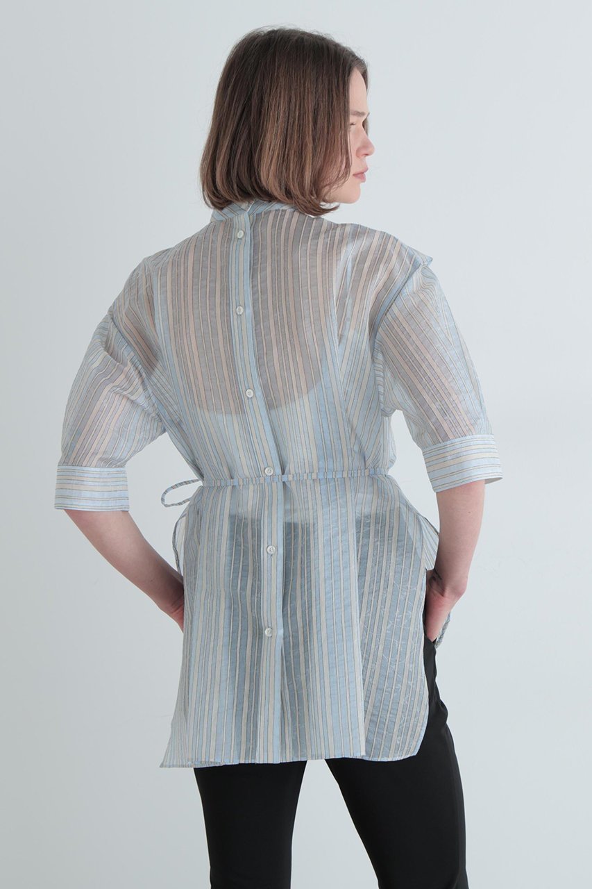 【ル フィル/LE PHIL】のストライプラッフルブラウス 人気、トレンドファッション・服の通販 founy(ファニー) 　ファッション　Fashion　レディースファッション　Fashion for Women　トップス・カットソー　Cut & Sew Tops　シャツ・ブラウス・オフィスカジュアル　Elegant Blouses & Button-Ups　春　Spring　カッティング　Cutting Detail　シアー　Sheer, See-Through　ショート　Short, Short Length　ジャカード／ジャガード　Jacquard, Woven Pattern　ストライプ　Stripe, Striped Pattern　スリーブ　Sleeve, Long Sleeve / Short Sleeve　ビッグ　Big, Oversized　ラッフル　Ruffle, Frill　S/S・春夏　SS, Spring/Summer, Warm Season　再入荷　Restock / Back in Stock　夏　Summer　other-5|ID: prp329100004882999 ipo3291000000036449459