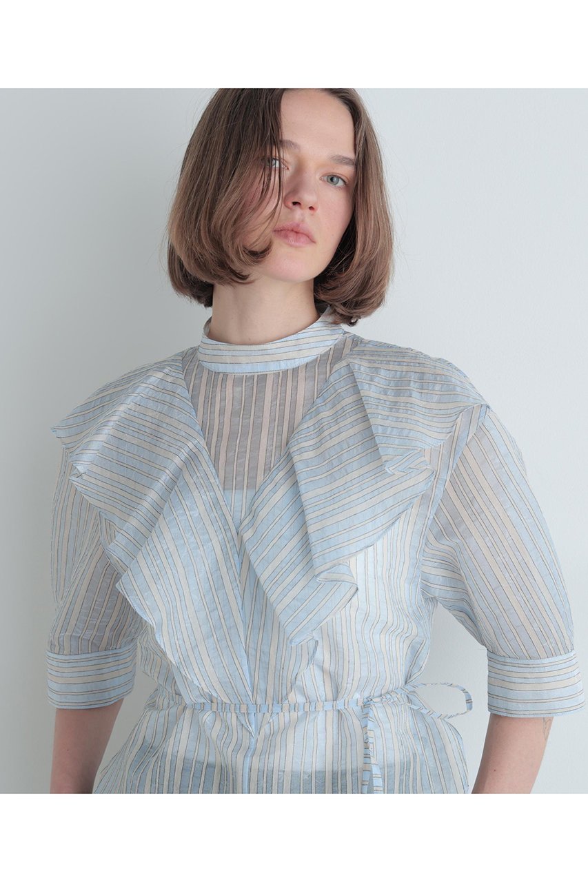 【ル フィル/LE PHIL】のストライプラッフルブラウス 人気、トレンドファッション・服の通販 founy(ファニー) 　ファッション　Fashion　レディースファッション　Fashion for Women　トップス・カットソー　Cut & Sew Tops　シャツ・ブラウス・オフィスカジュアル　Elegant Blouses & Button-Ups　春　Spring　カッティング　Cutting Detail　シアー　Sheer, See-Through　ショート　Short, Short Length　ジャカード／ジャガード　Jacquard, Woven Pattern　ストライプ　Stripe, Striped Pattern　スリーブ　Sleeve, Long Sleeve / Short Sleeve　ビッグ　Big, Oversized　ラッフル　Ruffle, Frill　S/S・春夏　SS, Spring/Summer, Warm Season　再入荷　Restock / Back in Stock　夏　Summer　other-6|ID: prp329100004882999 ipo3291000000036449461