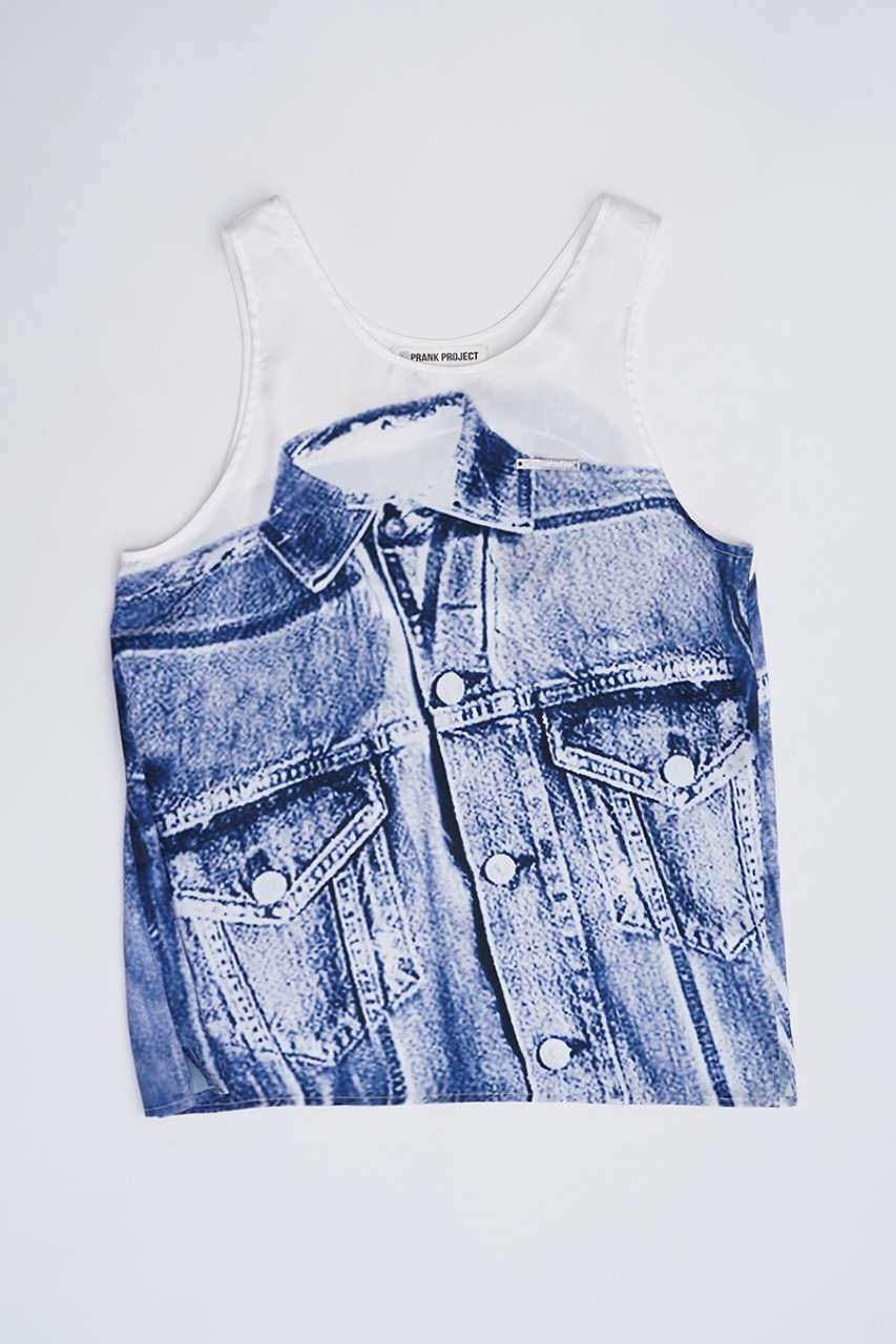 【プランク プロジェクト/PRANK PROJECT】のデニムプリントタンク / Denim Print Tank 人気、トレンドファッション・服の通販 founy(ファニー) 　ファッション　Fashion　レディースファッション　Fashion for Women　トップス・カットソー　Cut & Sew Tops　キャミソール&ノースリーブ　Camisoles & Sleeveless Tops　シャツ・ブラウス・オフィスカジュアル　Elegant Blouses & Button-Ups　ロングTシャツ・Tシャツ　Longline T-Shirts & Tees　カットソー・ベーシックTシャツ　Cut-and-Sewn Tops / Stretch Tees & Basics　おすすめ　Recommended / Our Picks　キャミソール　Camisole, Spaghetti Strap Top　クール　Cool, Chic　サテン　Satin, Glossy Fabric　ジャケット　Jacket, Outerwear　セットアップ　Set-Up, Coordinated Outfit　タンク　Tank Top, Sleeveless Top　デニム　Denim, Jeans Material　プリント　Print, Printed Pattern　リアル　Real, Realistic　 other-1|ID: prp329100004883489 ipo3291000000036454083