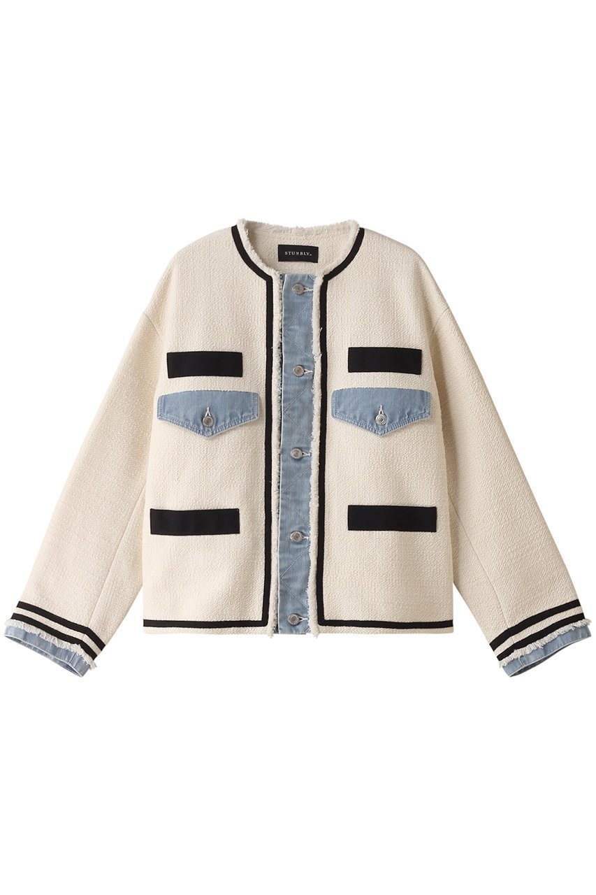 【ヒューエルミュージアム/hueLe Museum】の【STUMBLY】ツイードデニムコンビジャケット インテリア・キッズ・メンズ・レディースファッション・服の通販 founy(ファニー) ファッション Fashion レディースファッション Fashion for Women アウター Coat / Outerwear Collection レディースジャケット・軽アウター Jackets ショート Short, Short Length ジャケット Jacket, Outerwear ツイード Twill, Twill Weave デニム Denim, Jeans Material ドッキング Docking, Mixed Material バランス Balance, Style Balance フリンジ Fringe, Tassel ベーシック Basic, Essential ワイド Wide, Wide Fit エレガント 上品 Elegant ホワイト|ID: prp329100004884396 ipo3291000000036460278