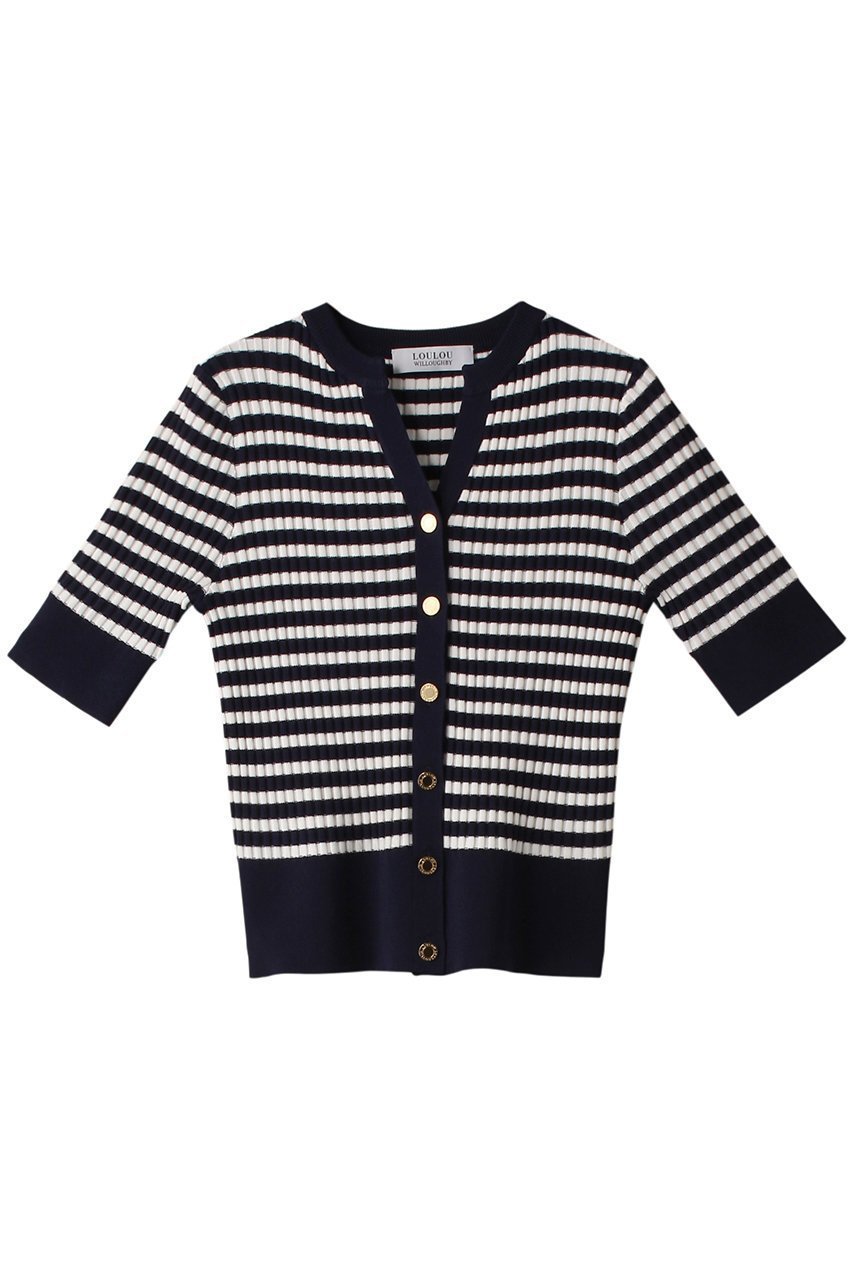 【アルアバイル/allureville】の【Loulou Willoughby】バイカラーキーネック5分袖カーディガン インテリア・キッズ・メンズ・レディースファッション・服の通販 founy(ファニー) 　ファッション　Fashion　レディースファッション　Fashion for Women　トップス・カットソー　Cut & Sew Tops　ニット　Knit Tops & Sweaters　カーディガン・羽織り　Layered Style Cardigans　おすすめ　Recommended / Our Picks　カーディガン　Cardigan, Knitwear　半袖　Short Sleeve, Half Sleeve　ネイビー|ID: prp329100004884458 ipo3291000000036460875