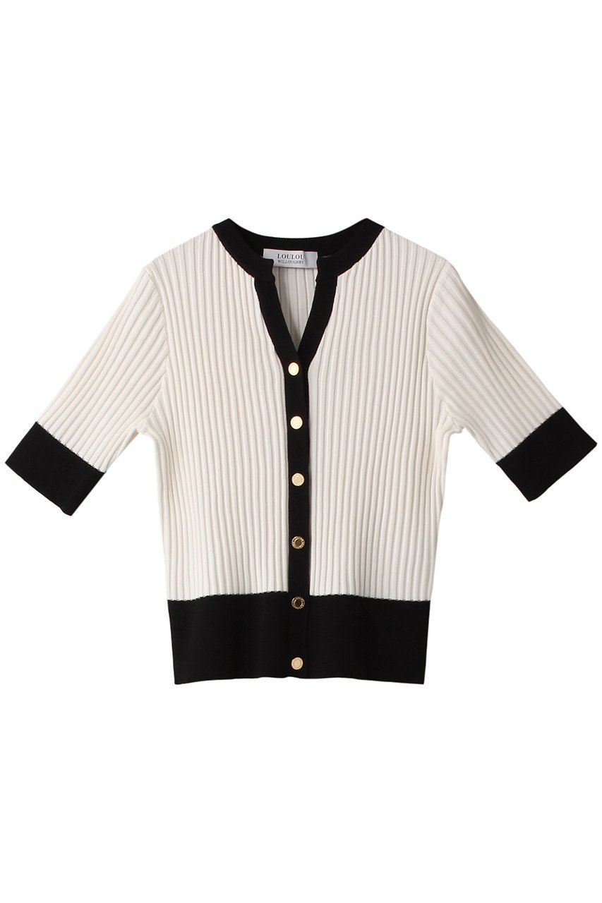 【アルアバイル/allureville】の【Loulou Willoughby】バイカラーキーネック5分袖カーディガン インテリア・キッズ・メンズ・レディースファッション・服の通販 founy(ファウニー) 　ファッション　Fashion　レディースファッション　Fashion for Women　トップス・カットソー　Cut & Sew Tops　ニット　Knit Tops & Sweaters　カーディガン・羽織り　Layered Style Cardigans　おすすめ　Recommended / Our Picks　カーディガン　Cardigan, Knitwear　半袖　Short Sleeve, Half Sleeve　ホワイト|ID: prp329100004884458 ipo3291000000036896577