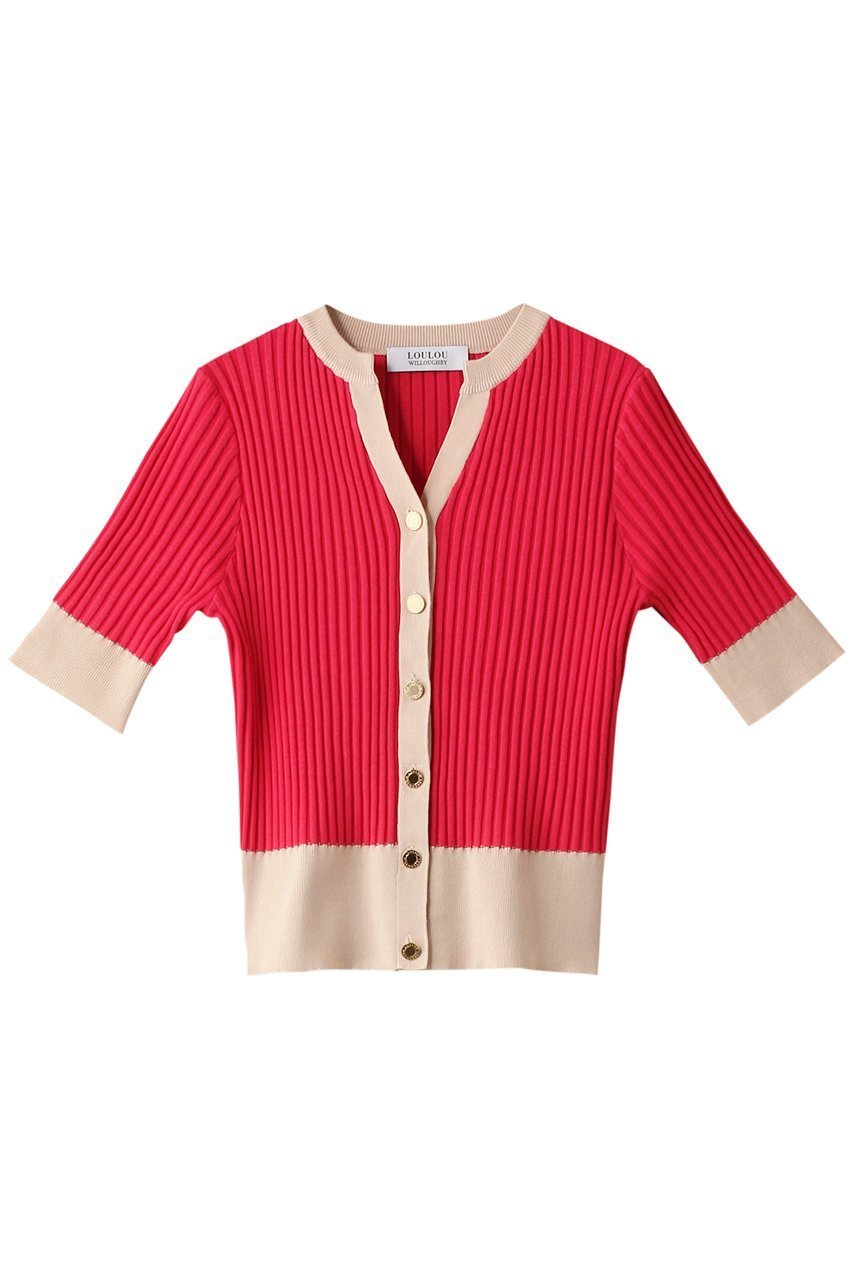 【アルアバイル/allureville】の【Loulou Willoughby】バイカラーキーネック5分袖カーディガン インテリア・キッズ・メンズ・レディースファッション・服の通販 founy(ファウニー) 　ファッション　Fashion　レディースファッション　Fashion for Women　トップス・カットソー　Cut & Sew Tops　ニット　Knit Tops & Sweaters　カーディガン・羽織り　Layered Style Cardigans　おすすめ　Recommended / Our Picks　カーディガン　Cardigan, Knitwear　半袖　Short Sleeve, Half Sleeve　レッド|ID: prp329100004884458 ipo3291000000036896578