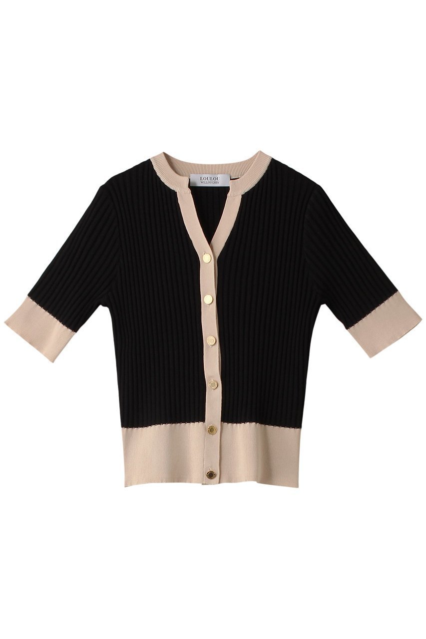 【アルアバイル/allureville】の【Loulou Willoughby】バイカラーキーネック5分袖カーディガン インテリア・キッズ・メンズ・レディースファッション・服の通販 founy(ファウニー) 　ファッション　Fashion　レディースファッション　Fashion for Women　トップス・カットソー　Cut & Sew Tops　ニット　Knit Tops & Sweaters　カーディガン・羽織り　Layered Style Cardigans　おすすめ　Recommended / Our Picks　カーディガン　Cardigan, Knitwear　半袖　Short Sleeve, Half Sleeve　ブラック|ID: prp329100004884458 ipo3291000000036896580