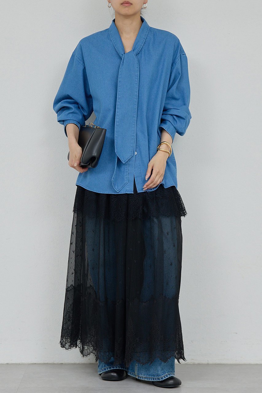 【ガリャルダガランテ/GALLARDAGALANTE】のデニムボウタイブラウス 人気、トレンドファッション・服の通販 founy(ファニー) 　ファッション　Fashion　レディースファッション　Fashion for Women　トップス・カットソー　Cut & Sew Tops　シャツ・ブラウス・オフィスカジュアル　Elegant Blouses & Button-Ups　ジャケット　Jacket, Outerwear　スリーブ　Sleeve, Long Sleeve / Short Sleeve　デニム　Denim, Jeans Material　リラックス　Relax, Relaxed Fit　ルーズ　Loose, Oversized　ロング　Long, Long-Length　エレガント 上品　Elegant　再入荷　Restock / Back in Stock　other-2|ID: prp329100004885133 ipo3291000000036467309