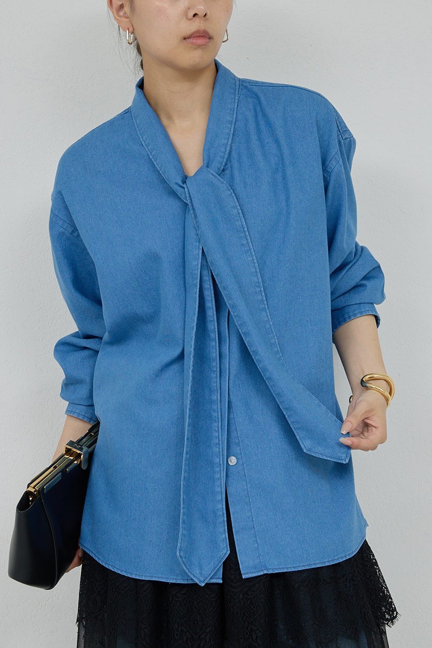 【ガリャルダガランテ/GALLARDAGALANTE】のデニムボウタイブラウス 人気、トレンドファッション・服の通販 founy(ファニー) 　ファッション　Fashion　レディースファッション　Fashion for Women　トップス・カットソー　Cut & Sew Tops　シャツ・ブラウス・オフィスカジュアル　Elegant Blouses & Button-Ups　ジャケット　Jacket, Outerwear　スリーブ　Sleeve, Long Sleeve / Short Sleeve　デニム　Denim, Jeans Material　リラックス　Relax, Relaxed Fit　ルーズ　Loose, Oversized　ロング　Long, Long-Length　エレガント 上品　Elegant　再入荷　Restock / Back in Stock　other-5|ID: prp329100004885133 ipo3291000000036467312