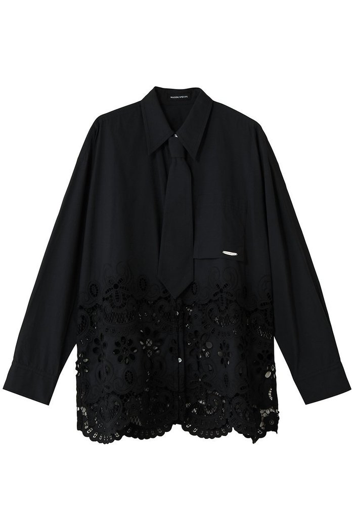 【メゾンスペシャル/MAISON SPECIAL】のHem Embroidery Neck Tie Shirt/ヘムエンブロイダリーネクタイシャツ インテリア・キッズ・メンズ・レディースファッション・服の通販 founy(ファニー) https://founy.com/ ファッション Fashion レディースファッション Fashion for Women トップス・カットソー Cut & Sew Tops シャツ・ブラウス・オフィスカジュアル Elegant Blouses & Button-Ups おすすめ Recommended / Our Picks クラシカル Classical, Vintage-Inspired クラシック Classic, Timeless Style シンプル Simple, Minimal ジャケット Jacket, Outerwear スラックス Slacks, Dress Pants スリーブ Sleeve, Long Sleeve / Short Sleeve デニム Denim, Jeans Material ヘムライン Hemline, Bottom Cut ロング Long, Long-Length |ID: prp329100004885538 ipo3291000000036690022